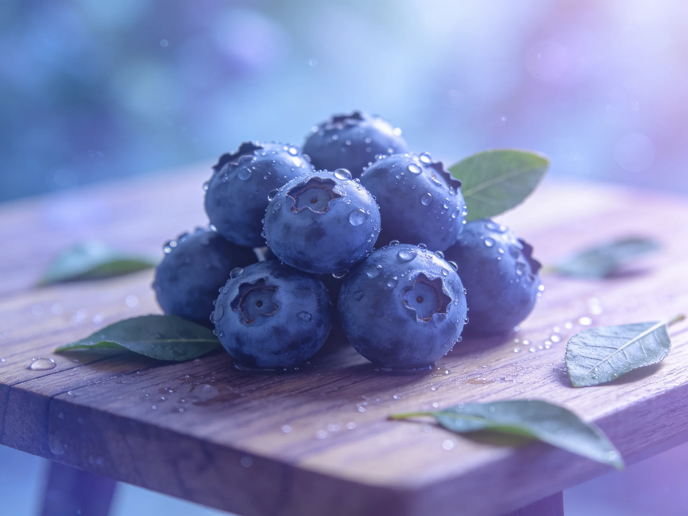 Fresh blueberries with dewdrops on a wooden board