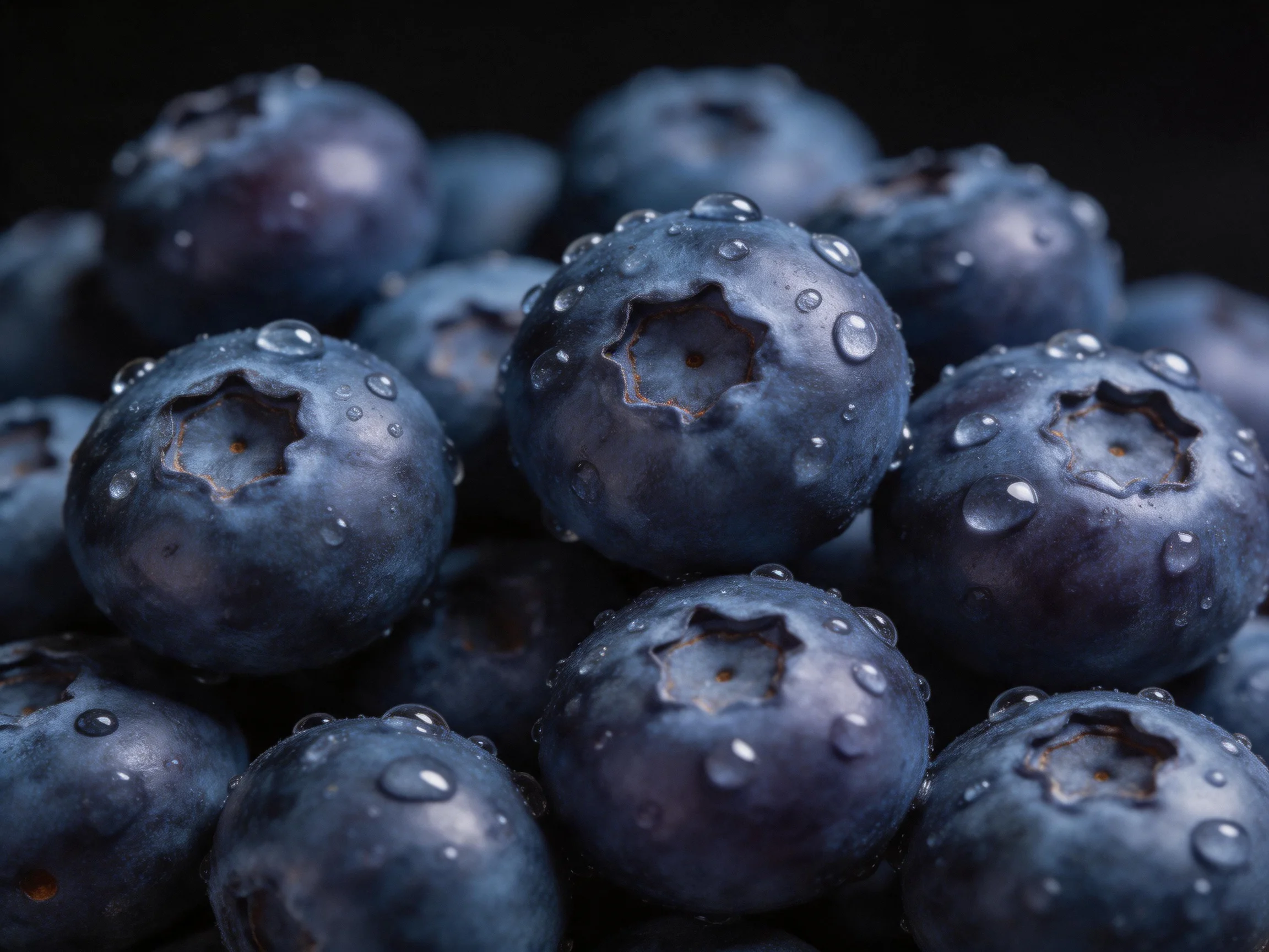 Fresh blueberries with glistening water droplets against a dark backdrop