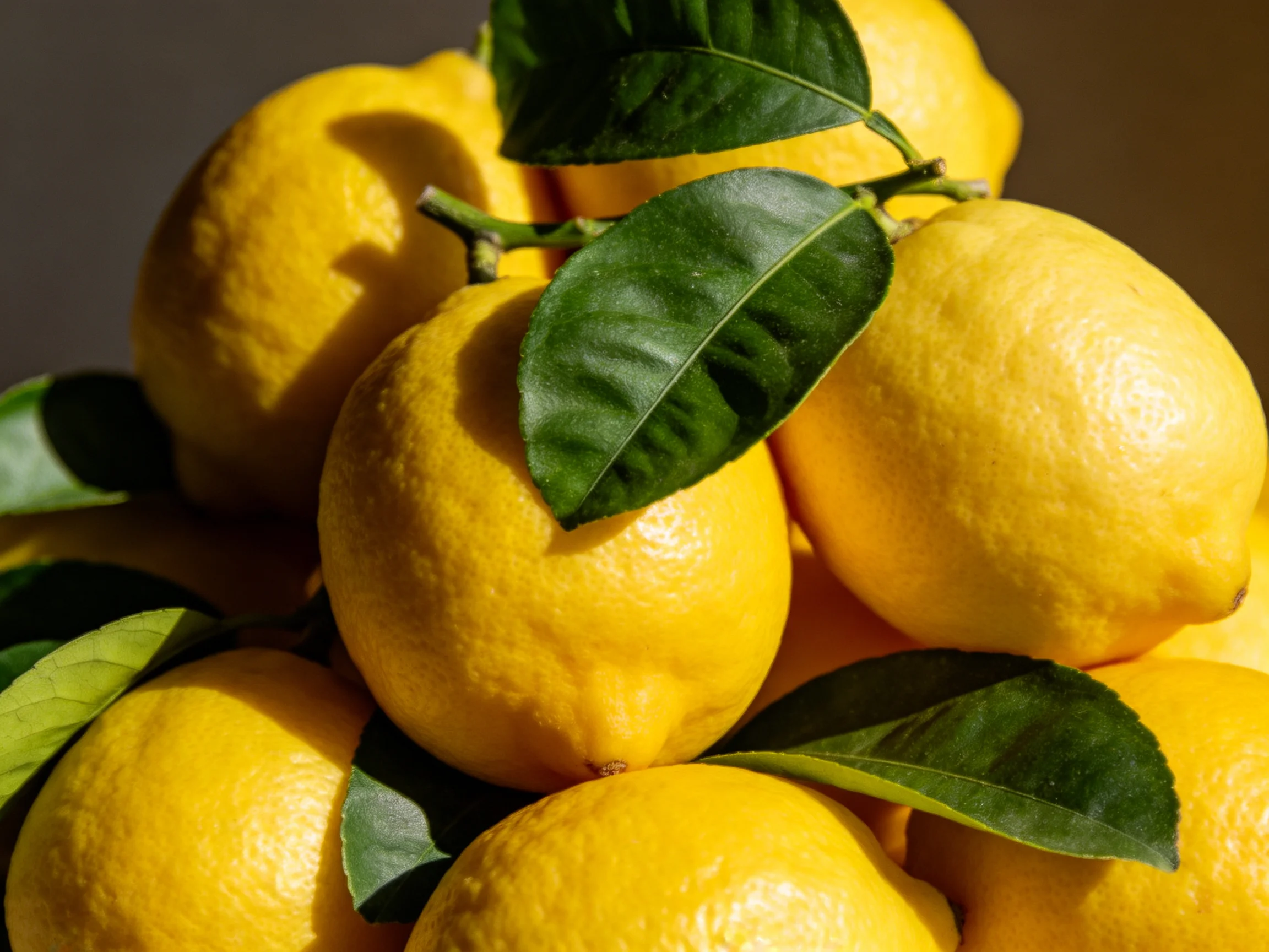 Fresh bright yellow lemons stacked with green leaves