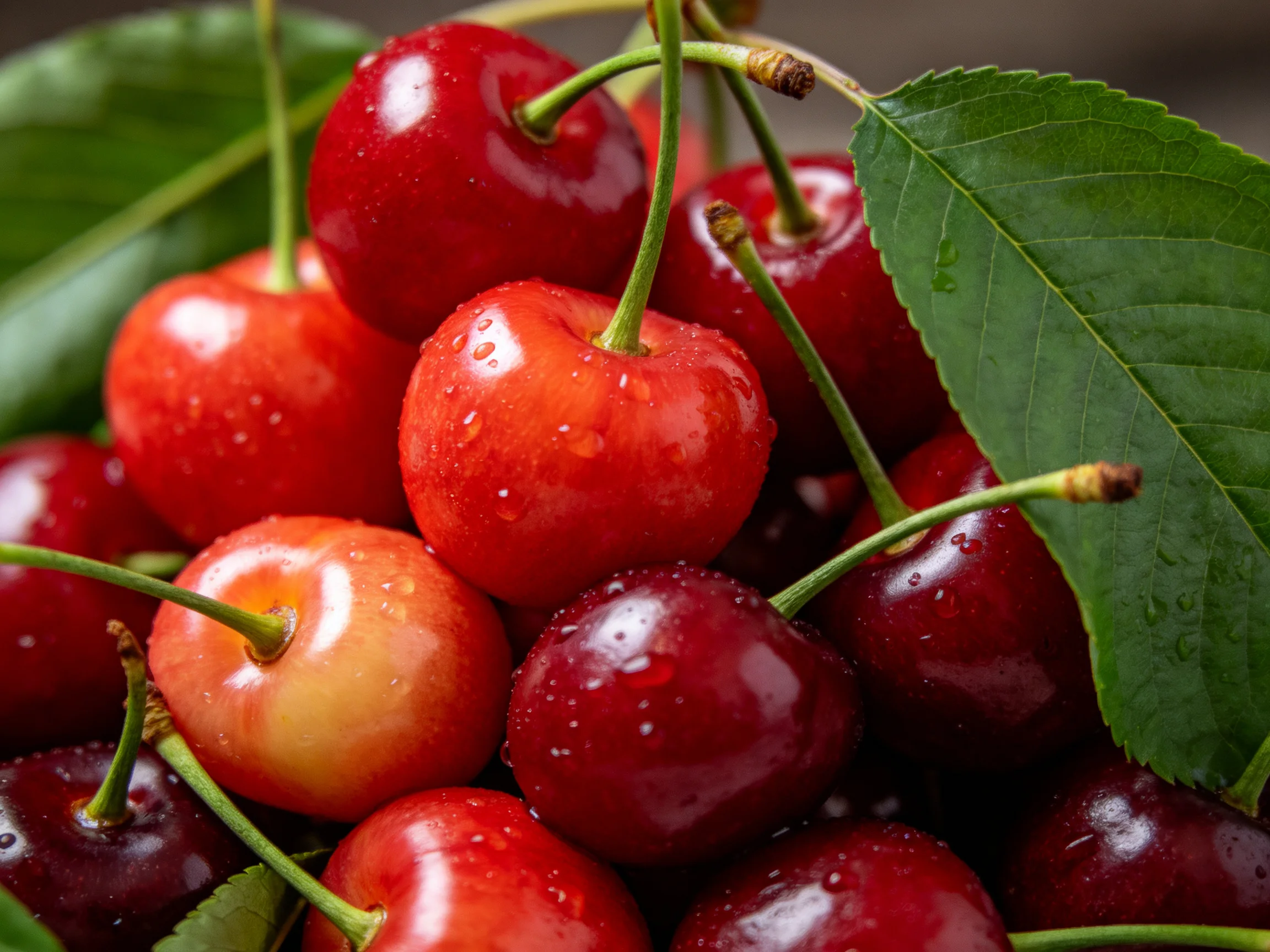Fresh cherries in varied red shades with water droplets and green leaves
