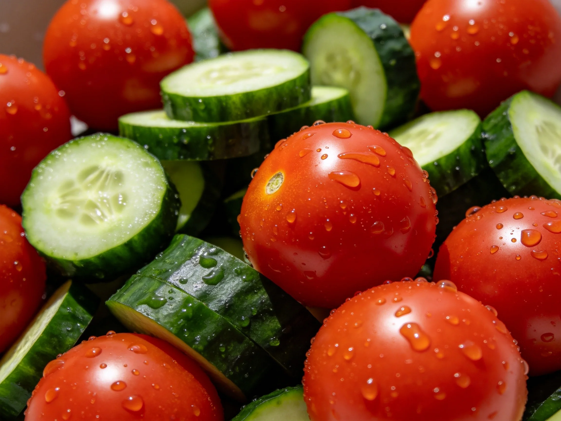 Fresh cherry tomatoes and sliced cucumbers with water droplets