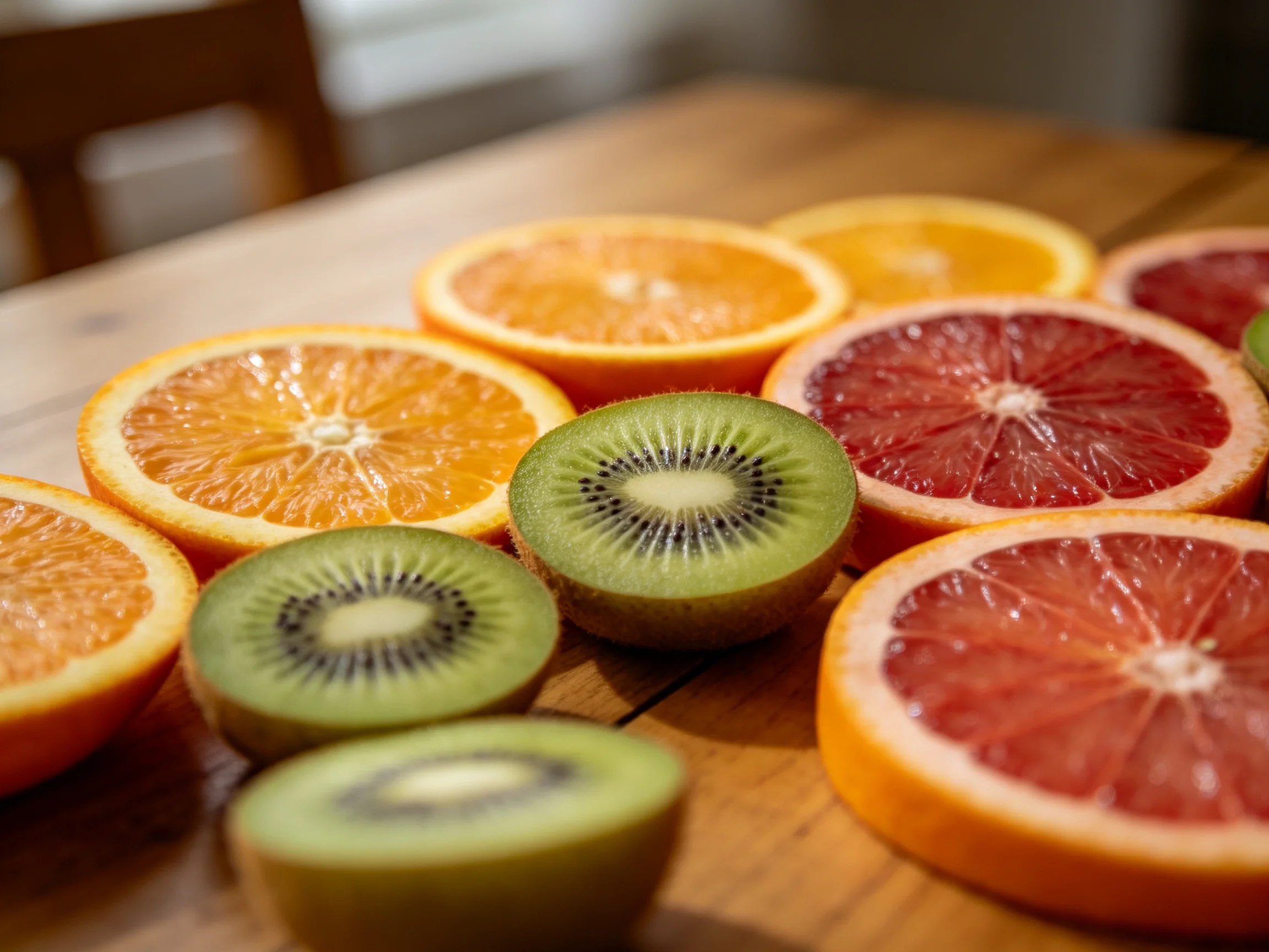 Fresh citrus fruit slices—including oranges, kiwis, and ruby grapefruits—are arranged on a wooden