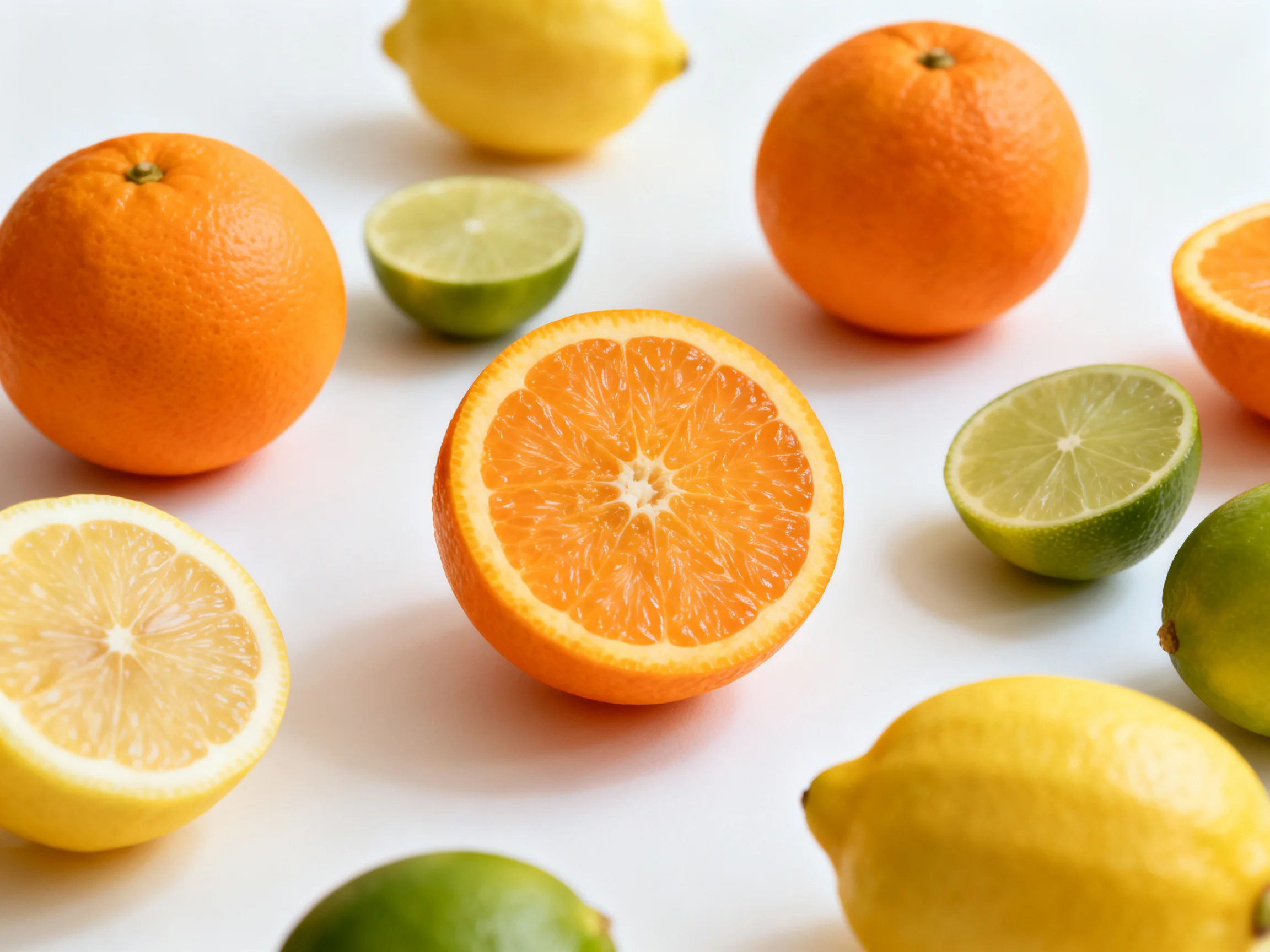 Fresh citrus fruits—including oranges, lemons, and limes—are arranged on a white surface