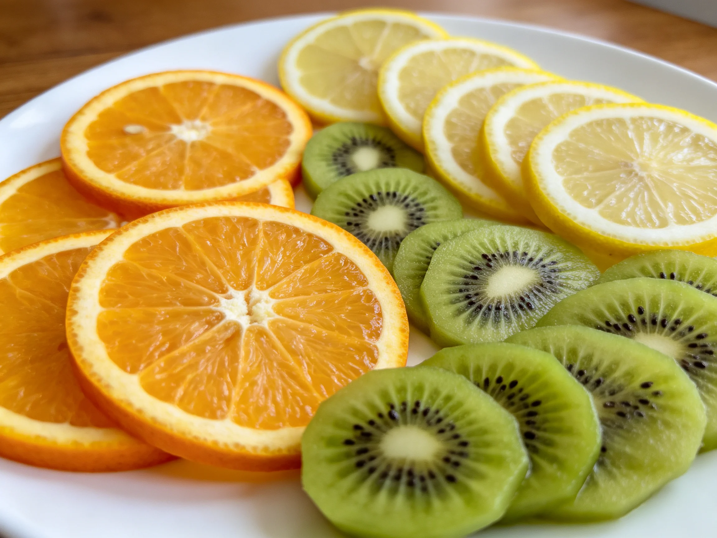 Fresh citrus slices of orange, lemon, and kiwi arranged on a plate