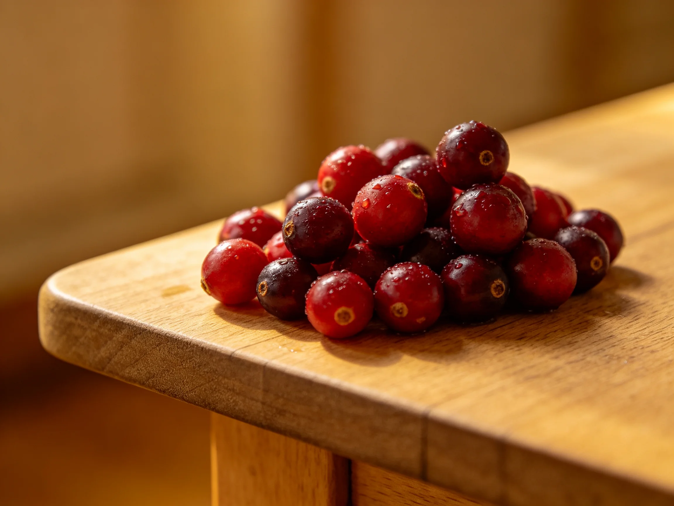 Fresh cranberries piled on a polished wooden cutting board