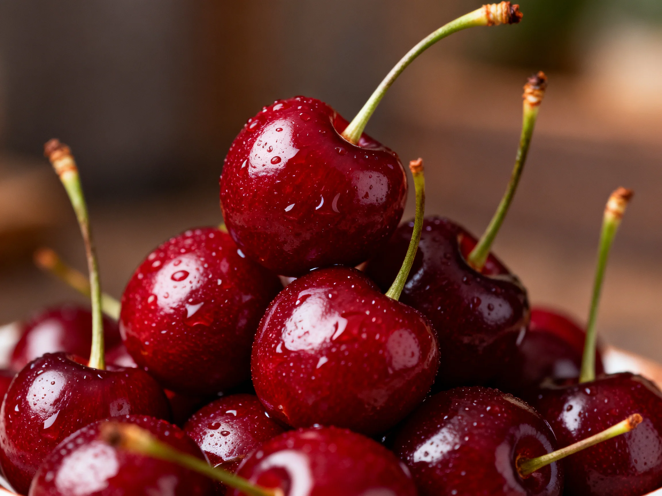 Fresh dark red cherries piled high with water droplets