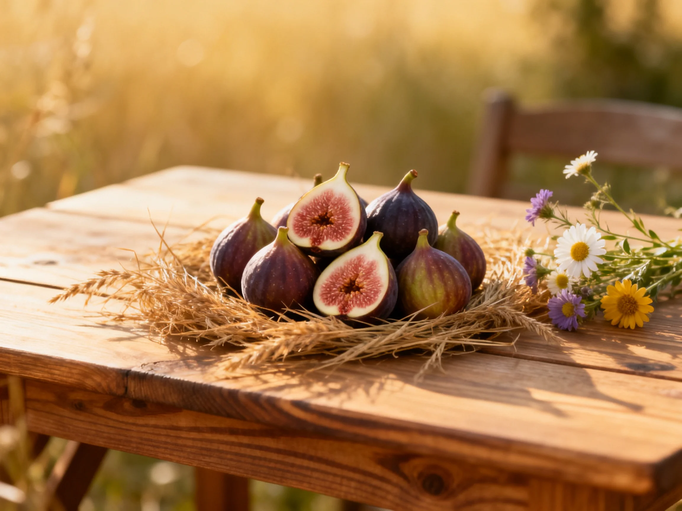 Fresh figs arranged on straw atop a wooden table near wildflowers