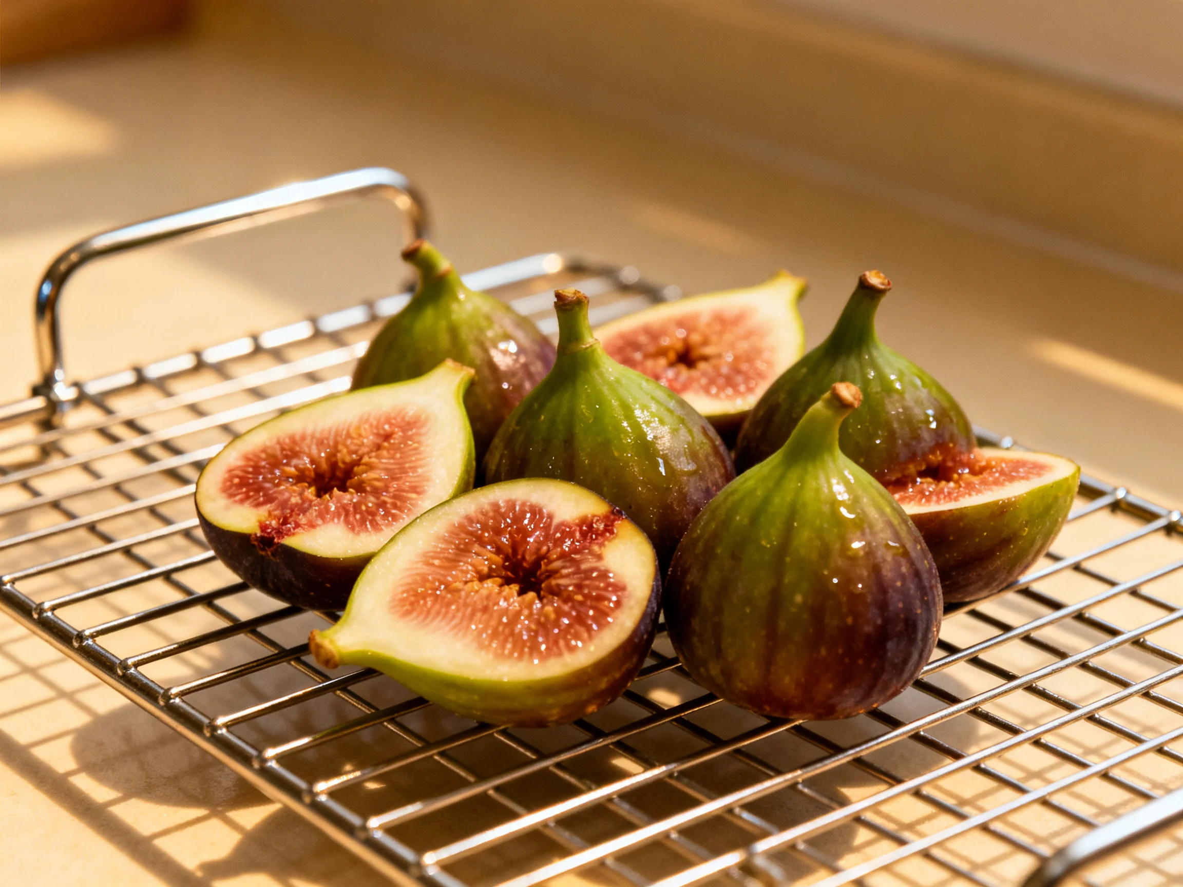 Fresh figs with vibrant interiors rest on a metallic cooling rack.