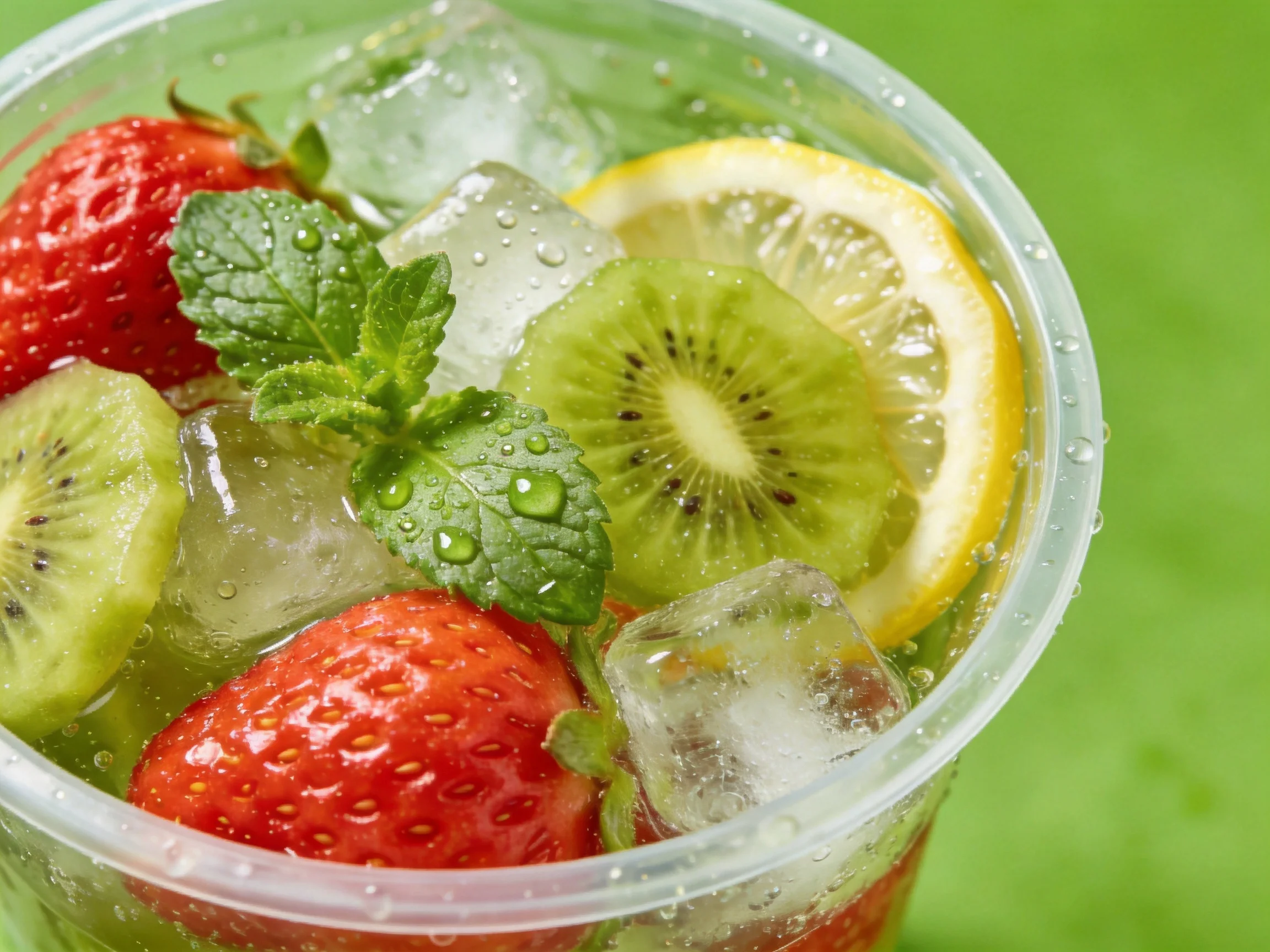Fresh fruit drink with strawberries, kiwi, lemon, mint, and ice