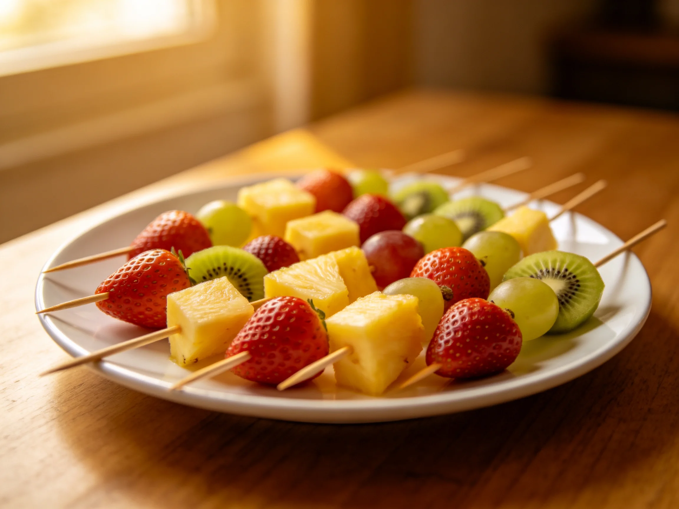 Fresh fruit kebabs with strawberries, pineapple, grapes, and kiwi