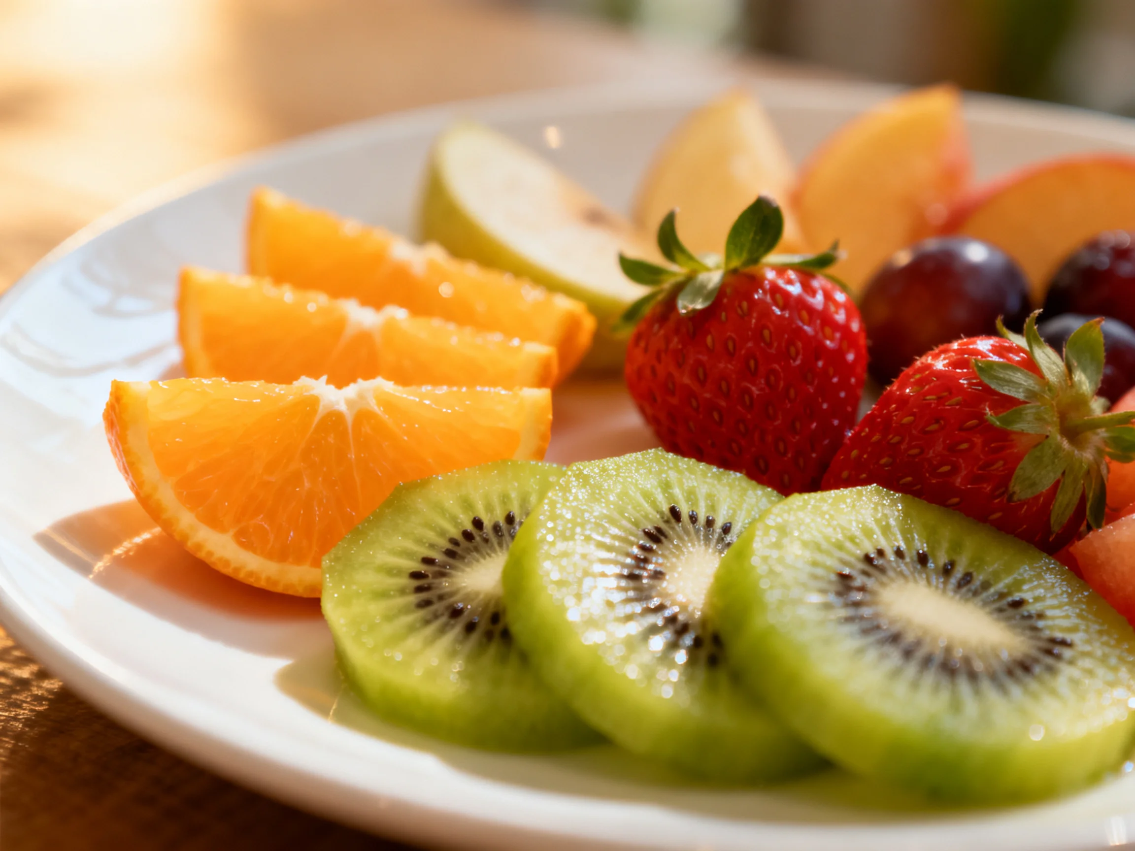 Fresh fruit platter with strawberries, kiwi, orange slices, and grapes