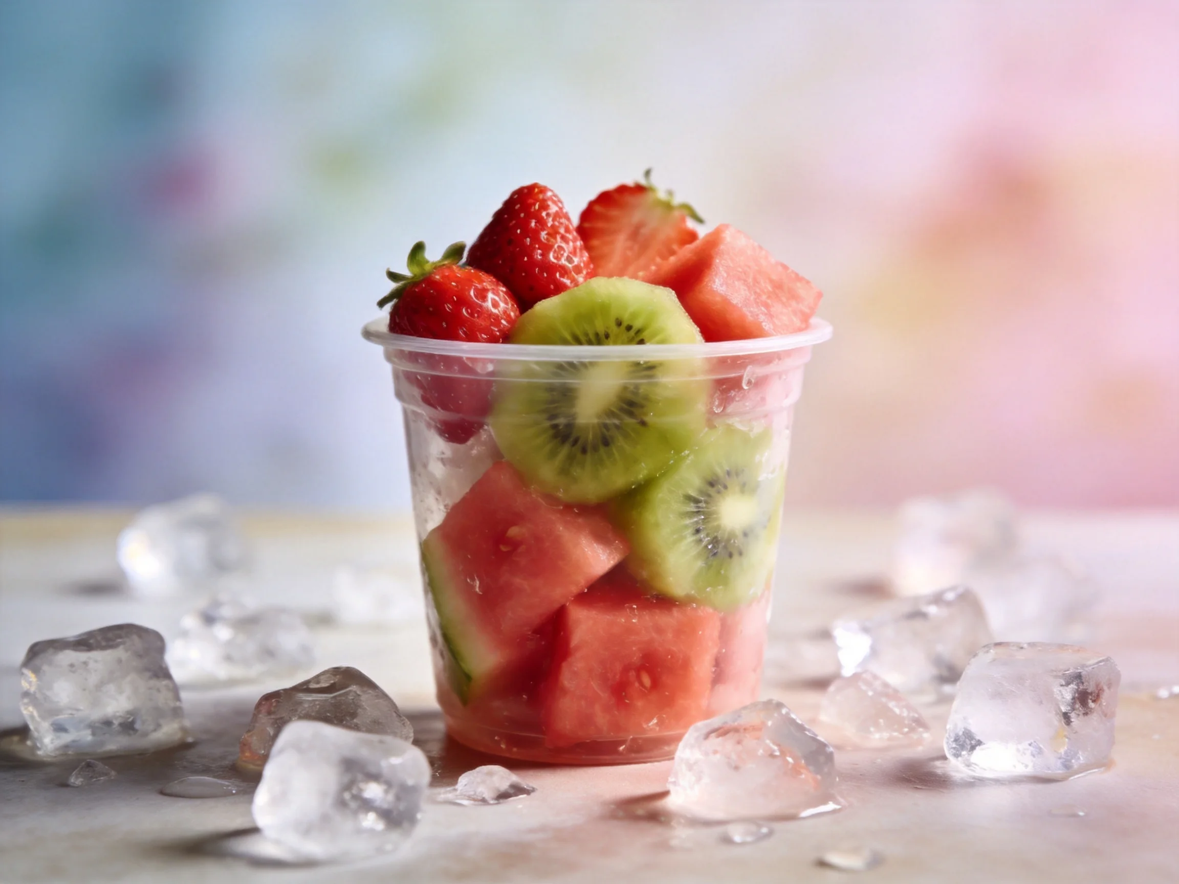 Fresh fruit salad with strawberries, kiwi, watermelon, and ice cubes