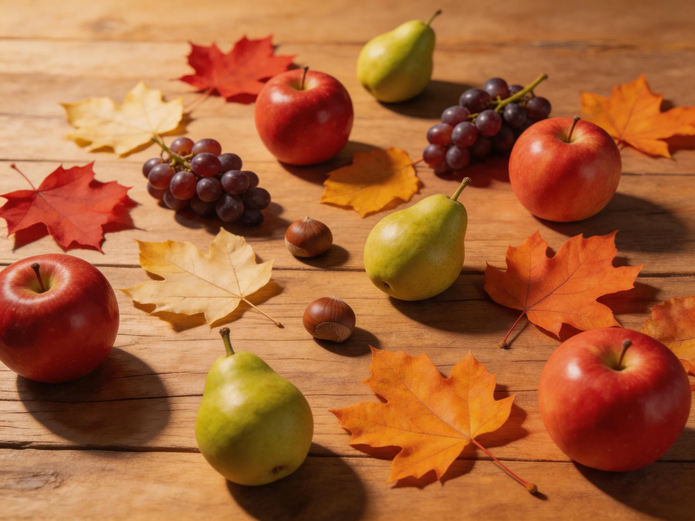 Fresh fruits and colorful autumn leaves on a wooden surface