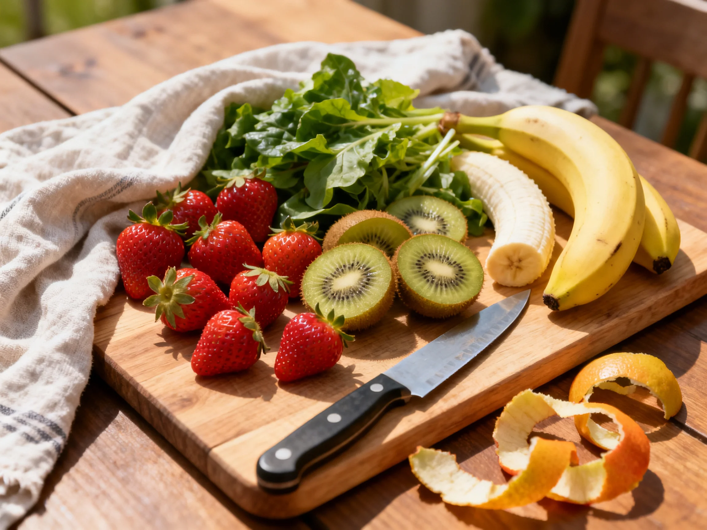 Fresh fruits and leafy greens arranged on a wooden cutting board