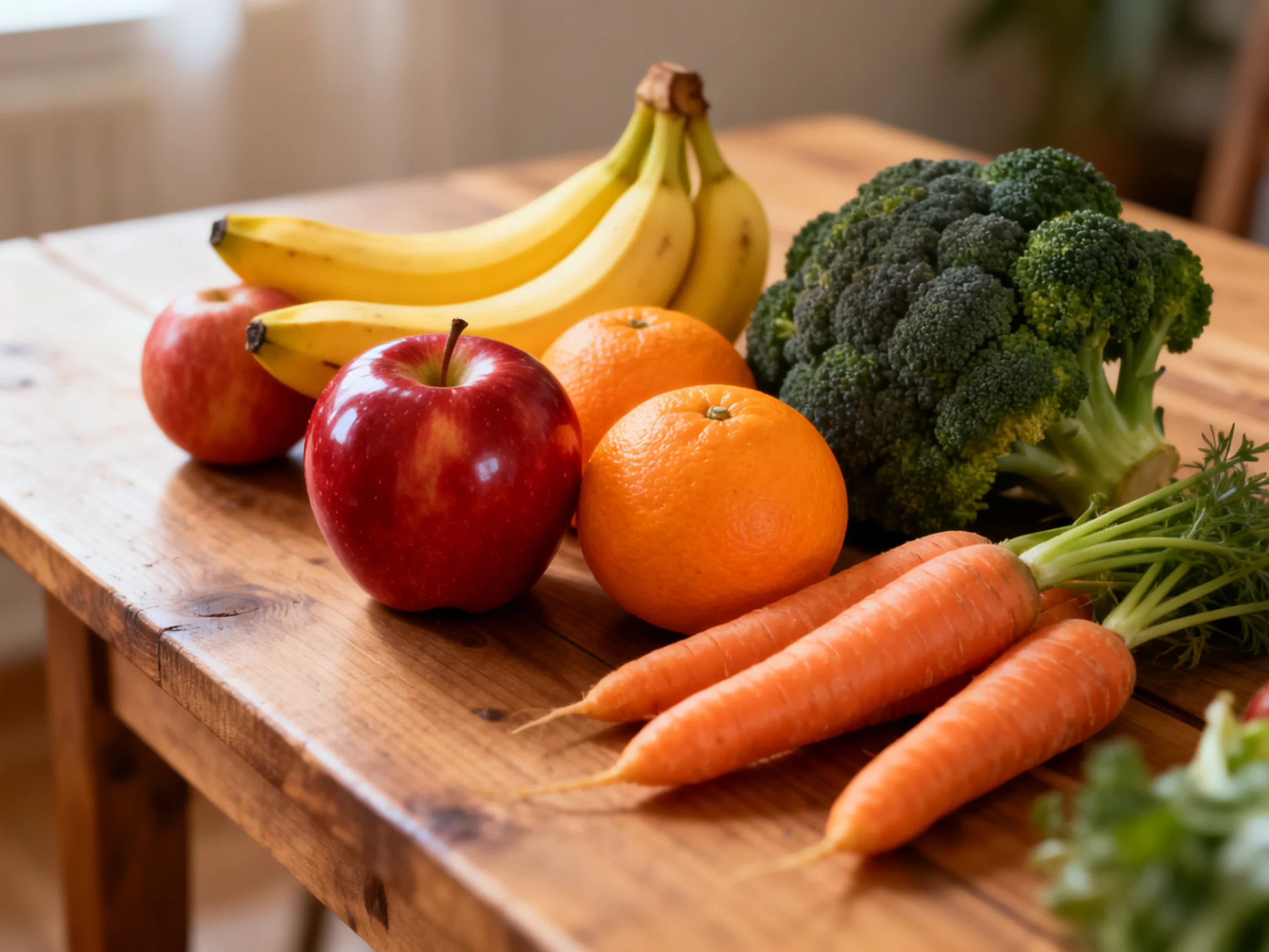 Fresh fruits and vegetables arranged on a wooden table