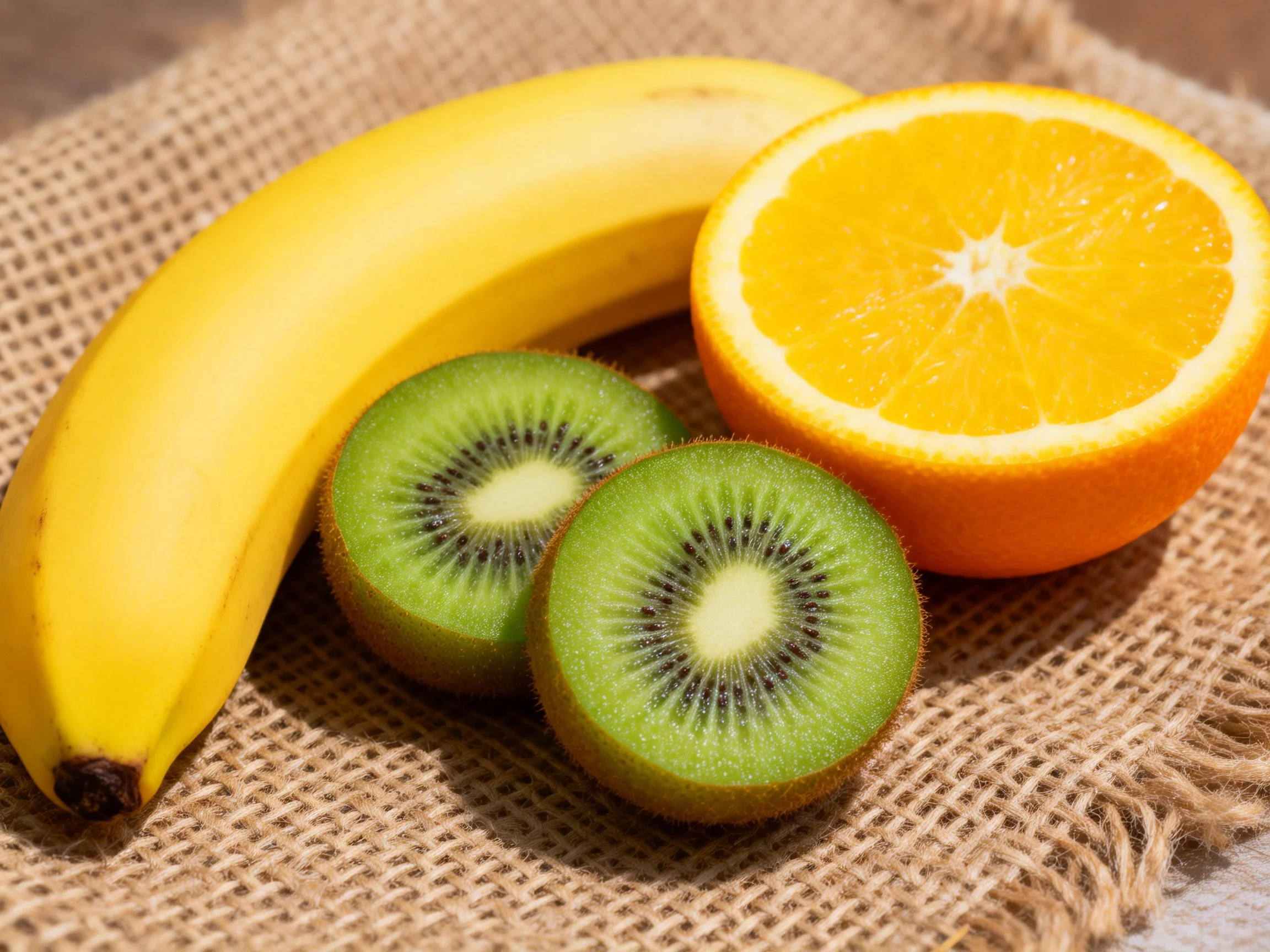 Fresh fruits including a banana, orange half, and kiwi slices on burlap