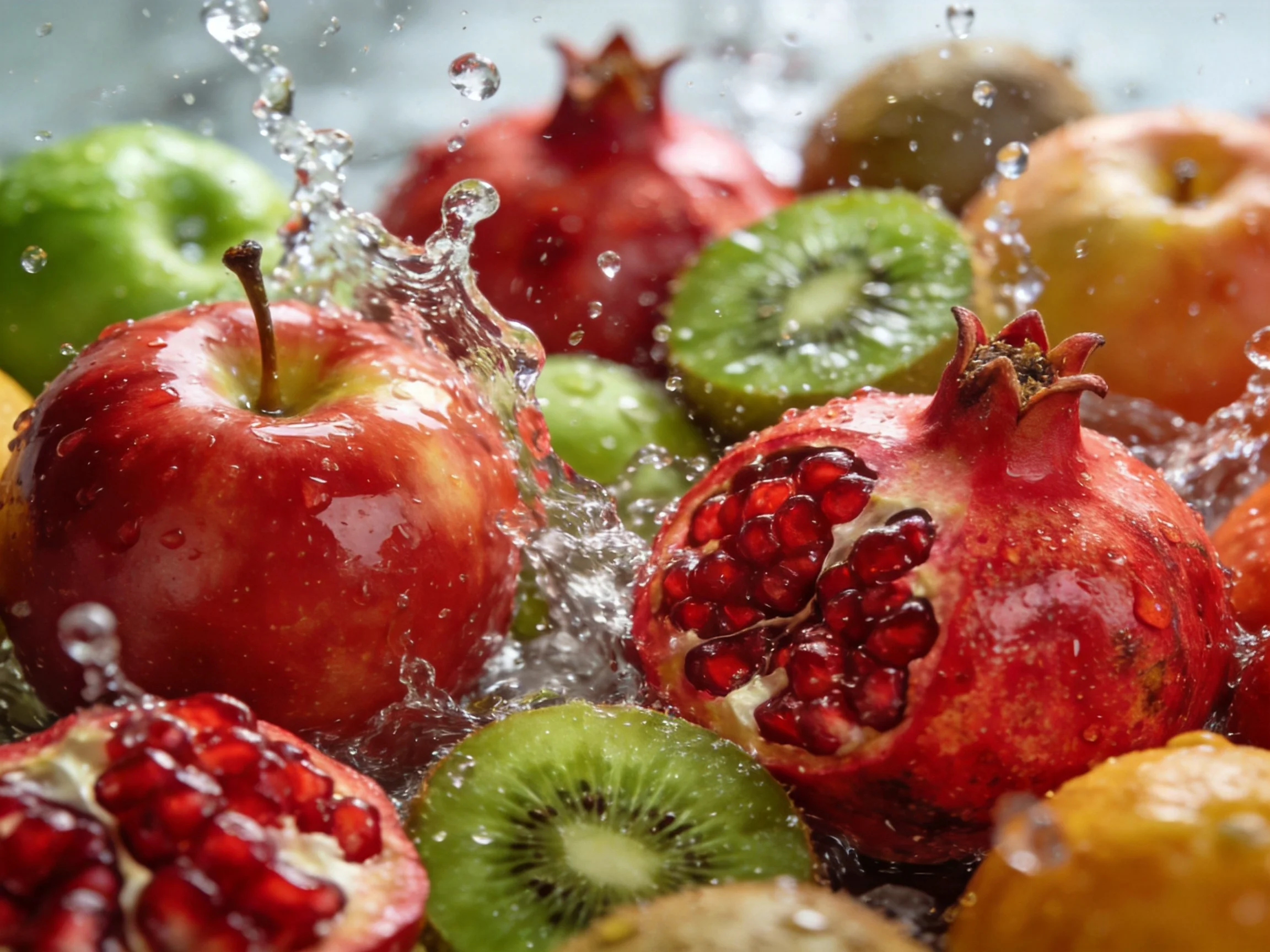 Fresh fruits including apples, pomegranates, and kiwis splashed with water