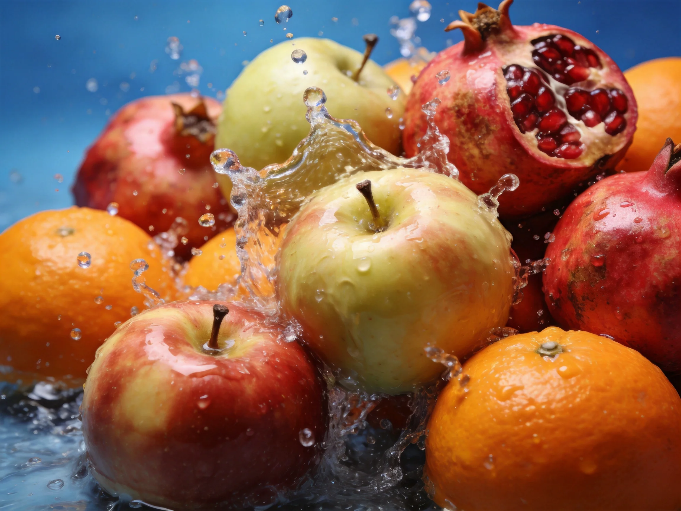 Fresh fruits including apples, pomegranates, and oranges splashed with water
