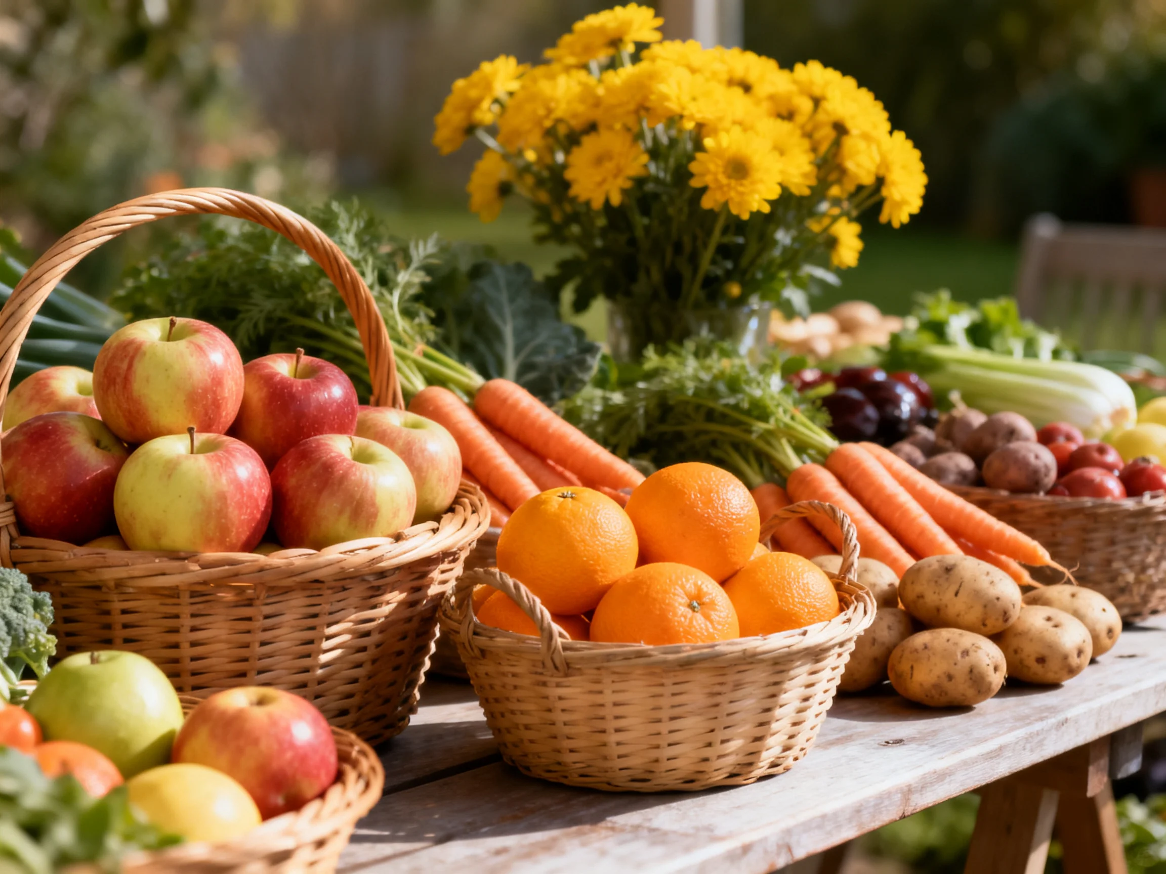 Fresh fruits, vegetables, and yellow flowers displayed outdoors.
