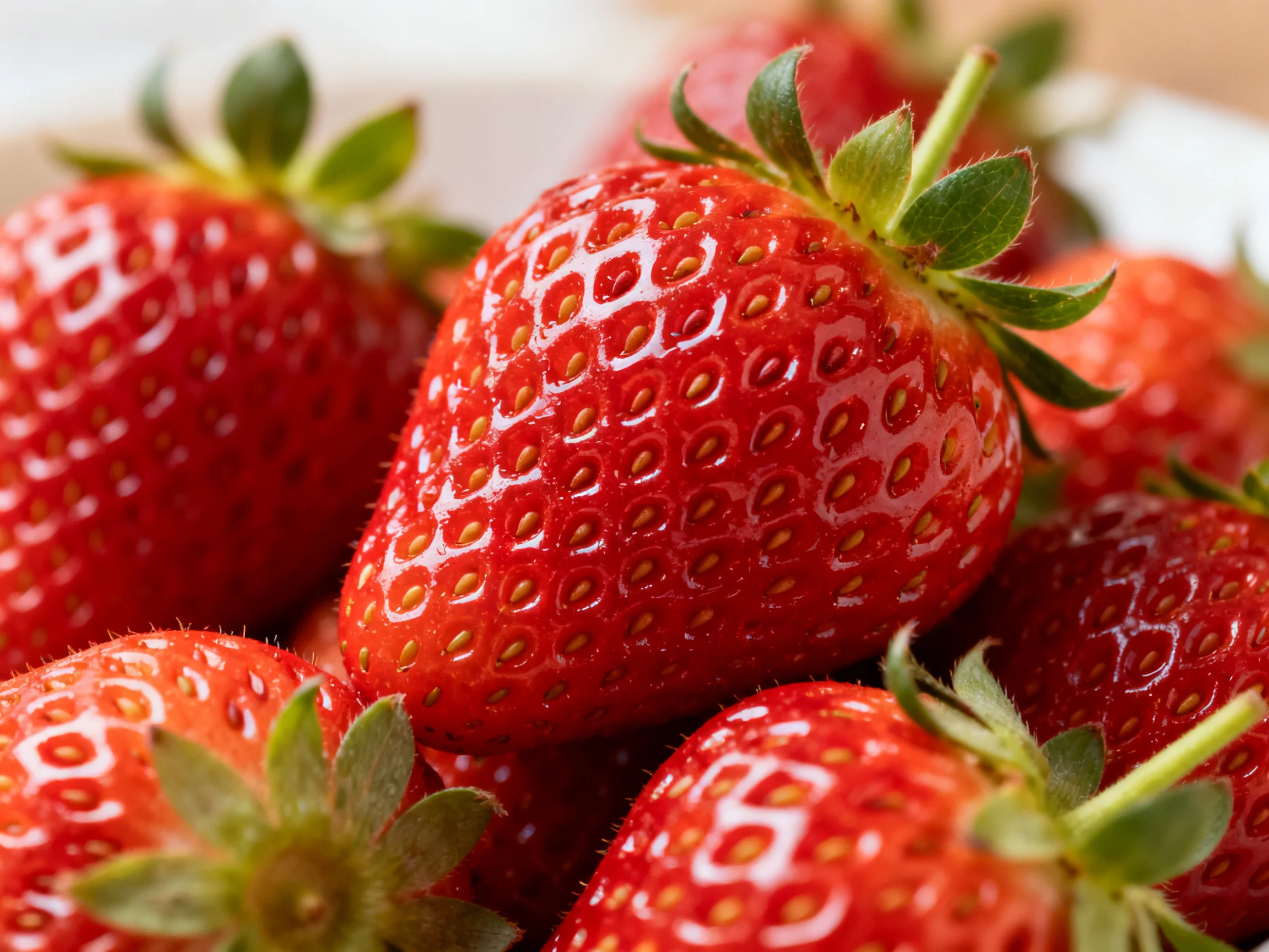 Fresh, glossy red strawberries clustered closely together
