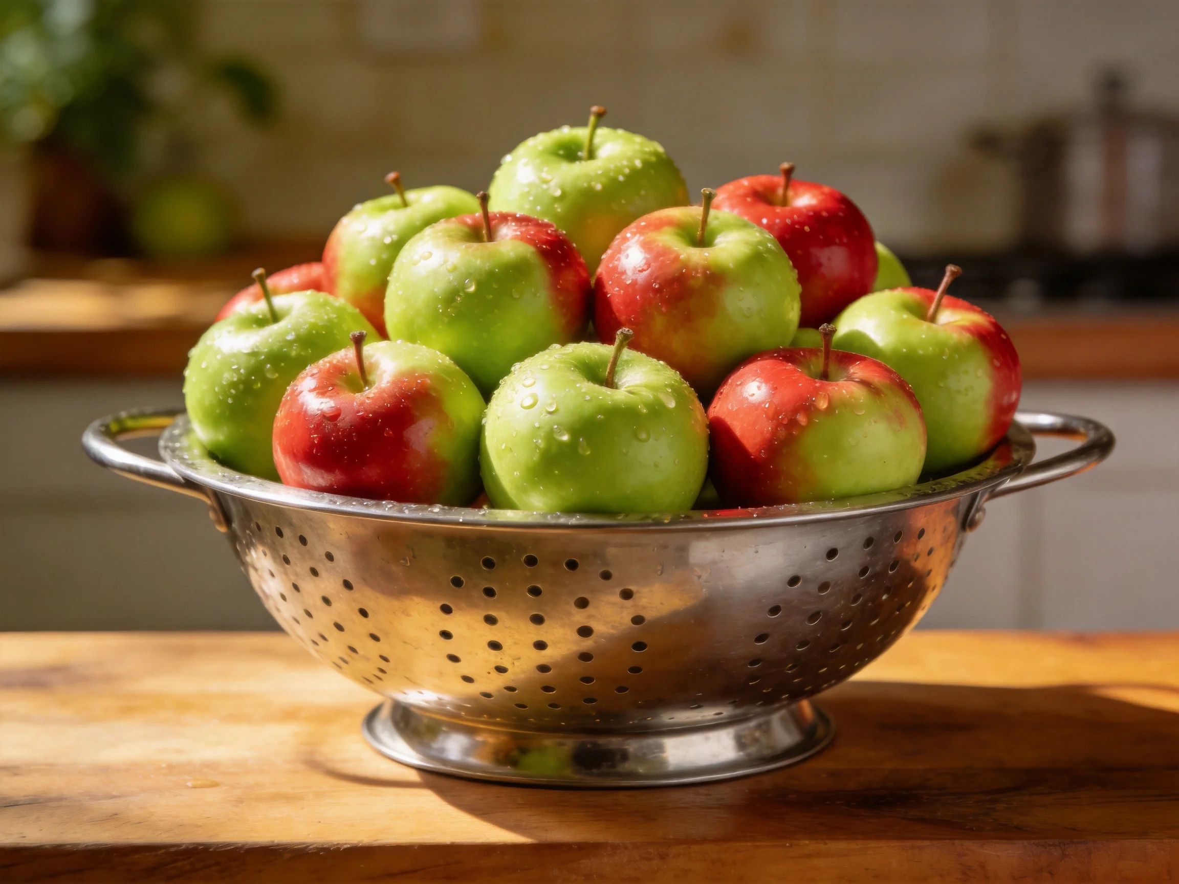 Fresh green and red apples in a metal colander with water droplets