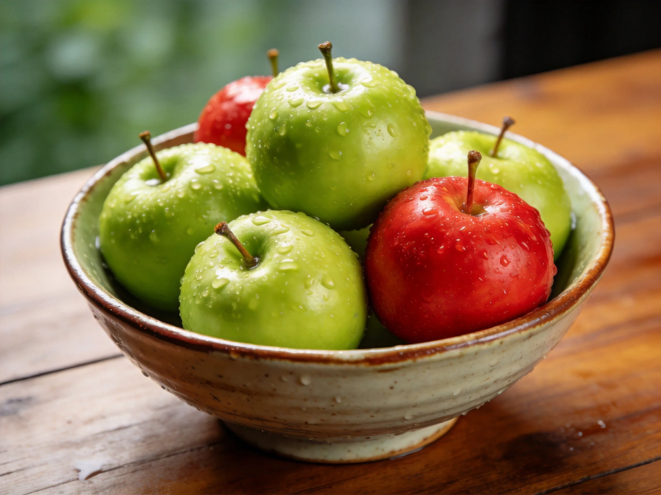 Fresh green and red apples with water droplets in a ceramic bowl