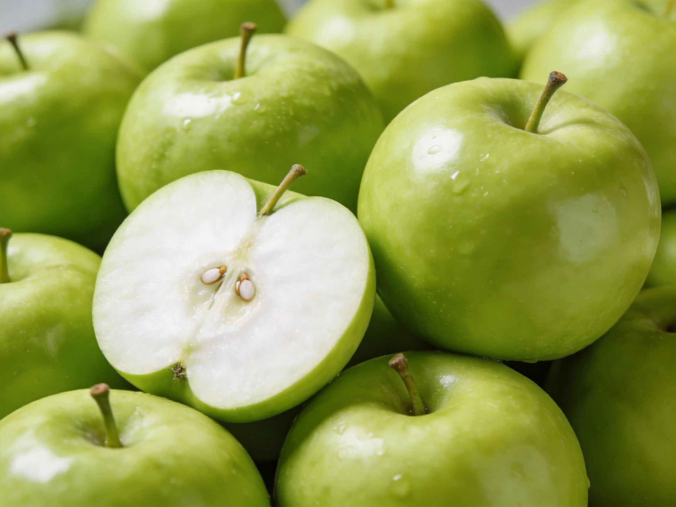 Fresh green apples clustered together, one apple cut open