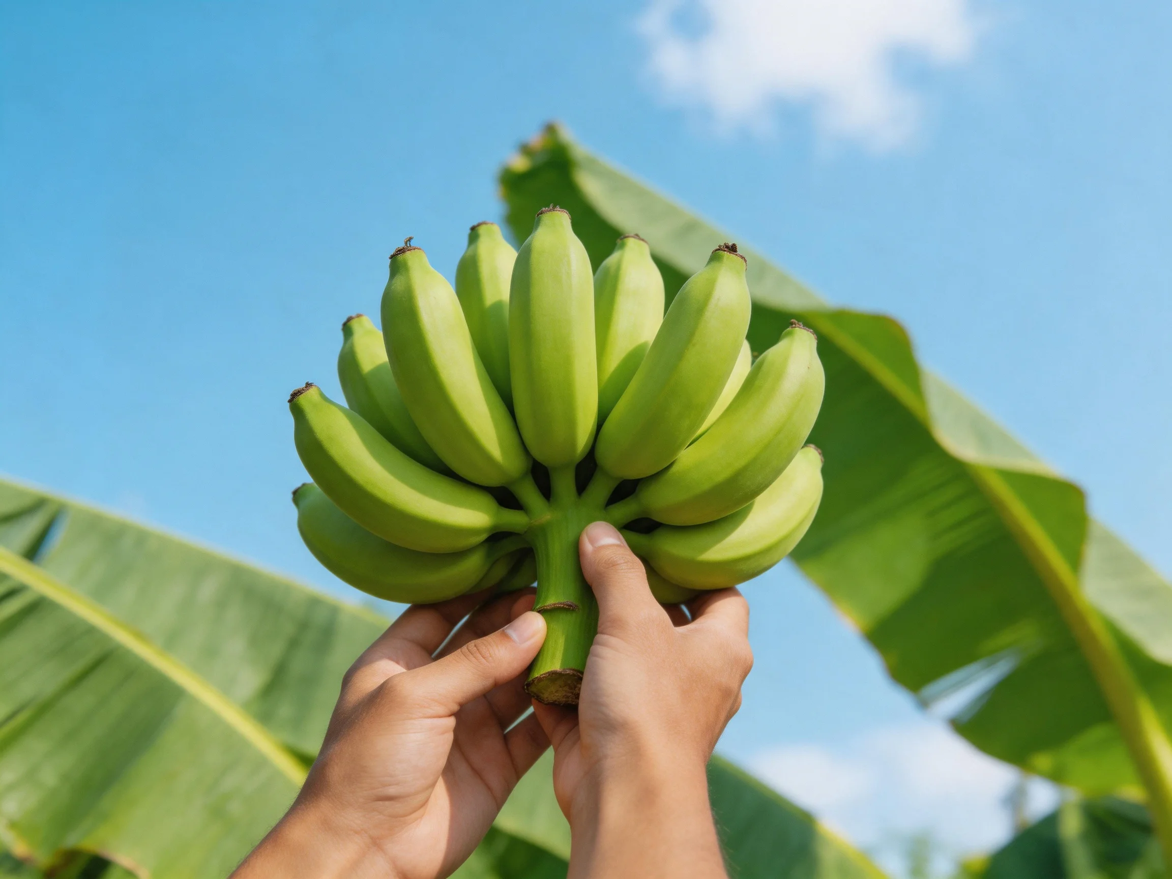 Fresh green bananas held up near large banana leaves under clear blue sky