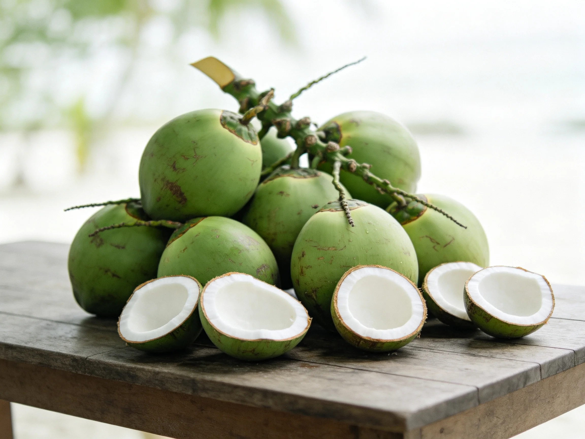 Fresh green coconuts, some halved, arranged on a rustic wooden table