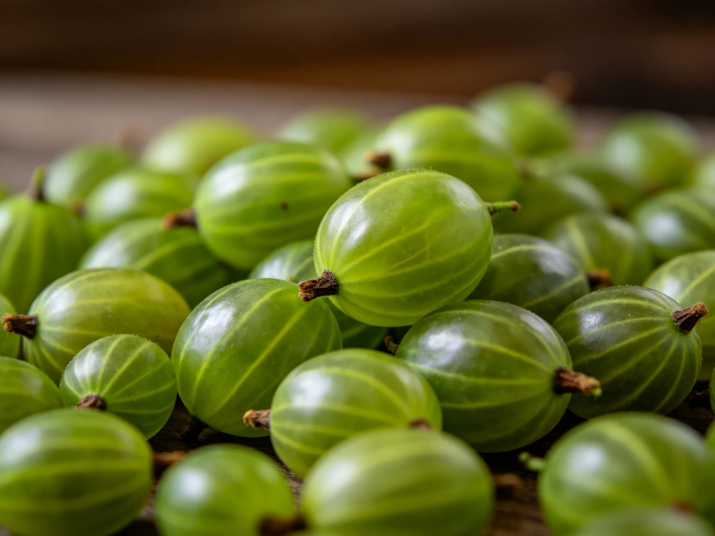 Fresh green gooseberries densely packed with striped patterns