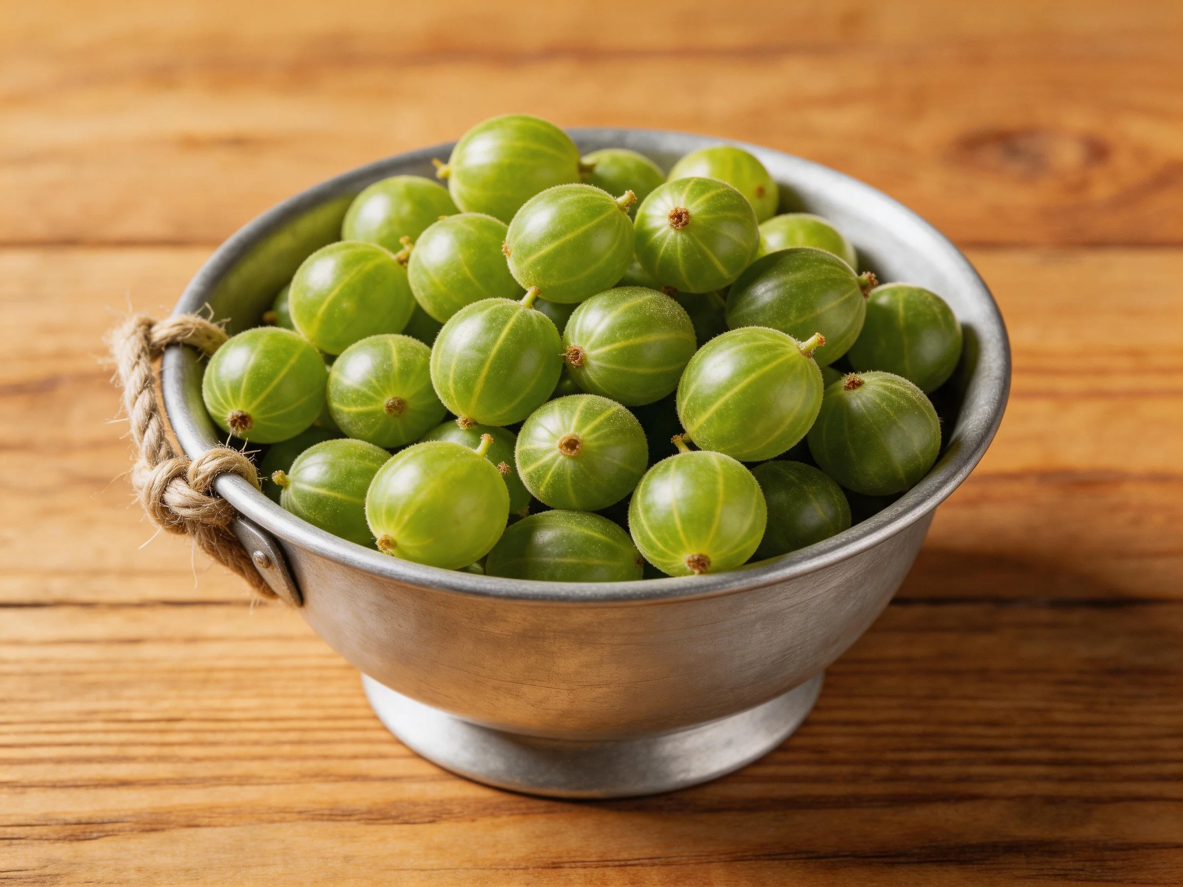Fresh green gooseberries fill a metal bowl on wooden planks