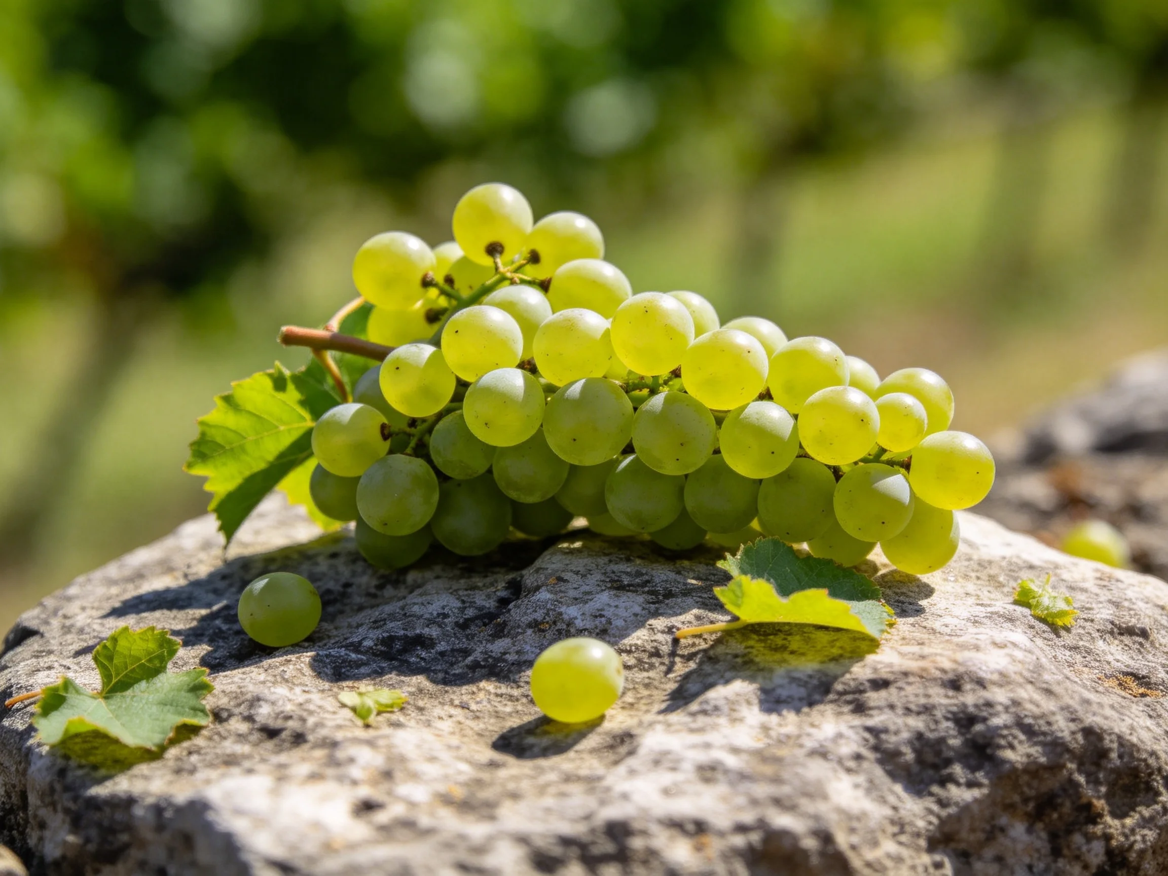 Fresh green grapes cluster on a rugged stone in sunny conditions