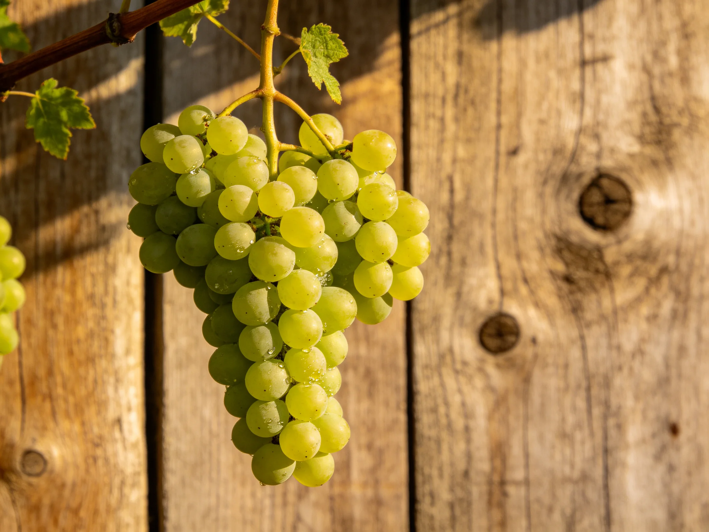 Fresh green grapes hang beside a weathered wooden fence