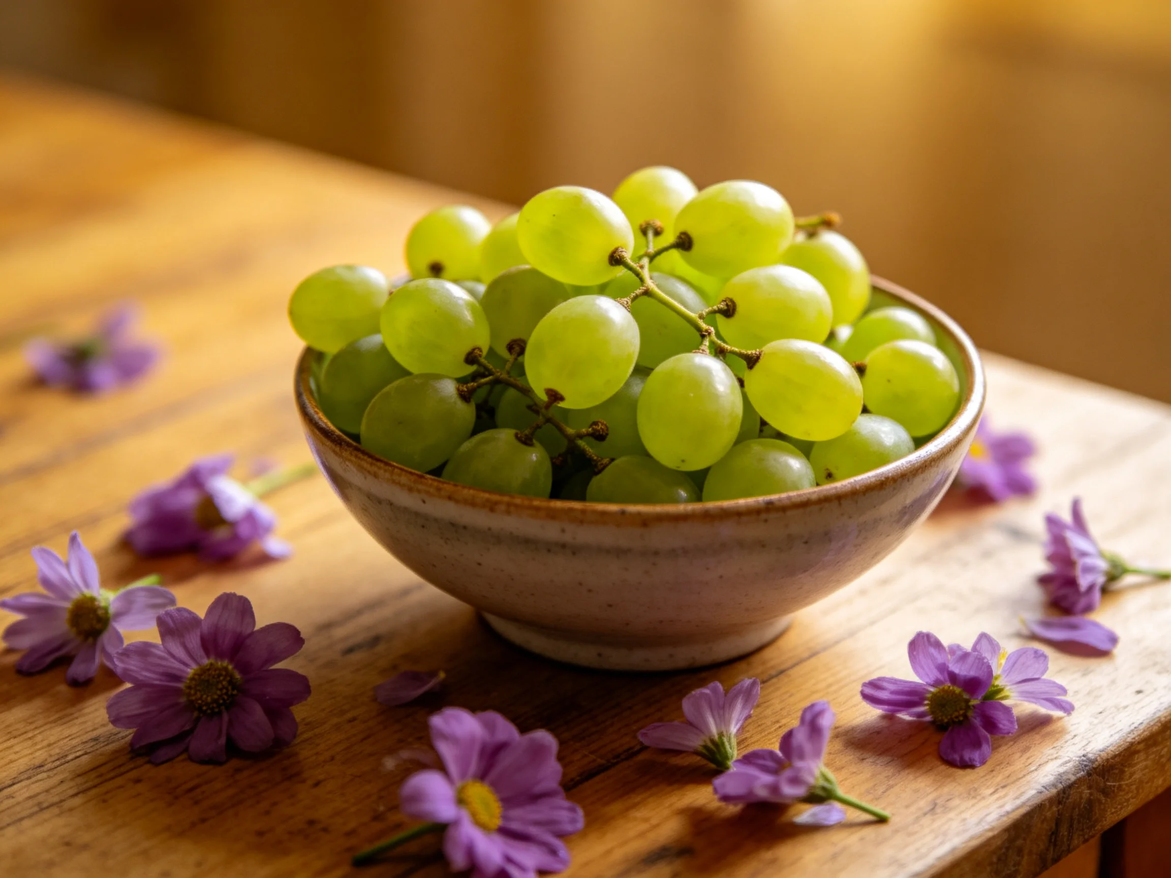 Fresh green grapes in a bowl beside scattered purple flowers on a wooden surface