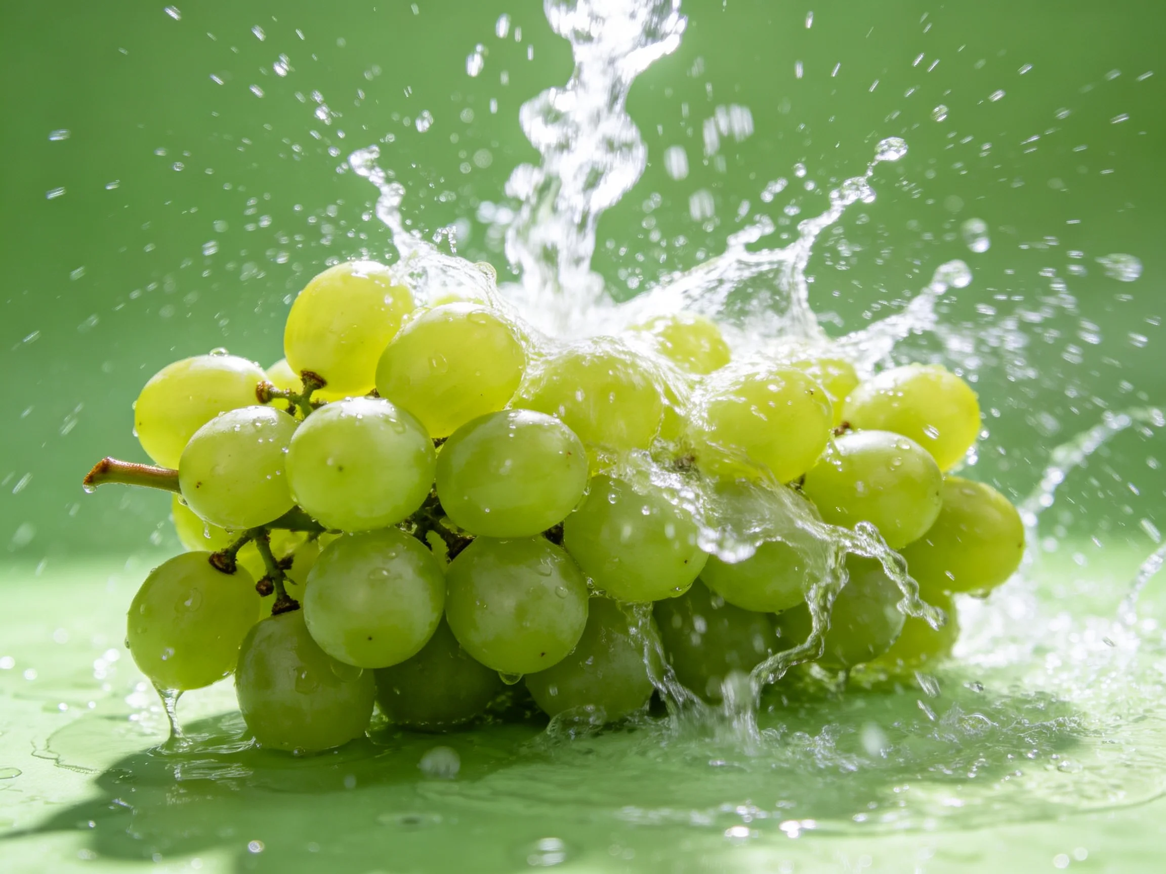 Fresh green grapes splashed with crystal-clear water
