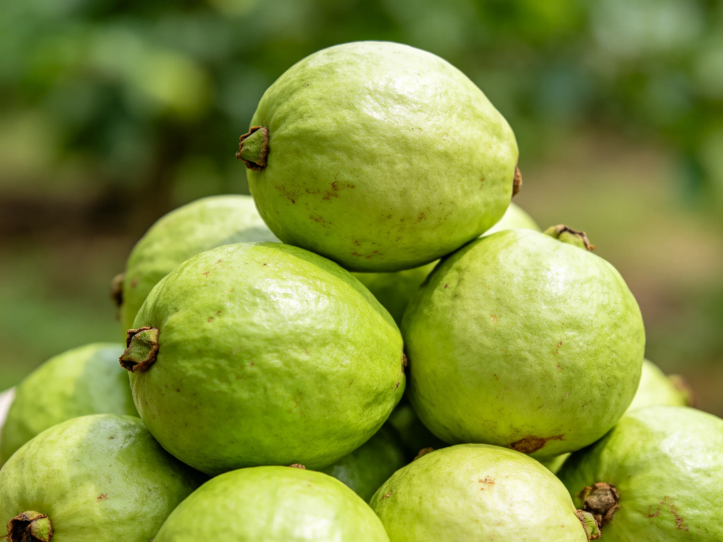 Fresh green guavas stacked into a pyramid outdoors