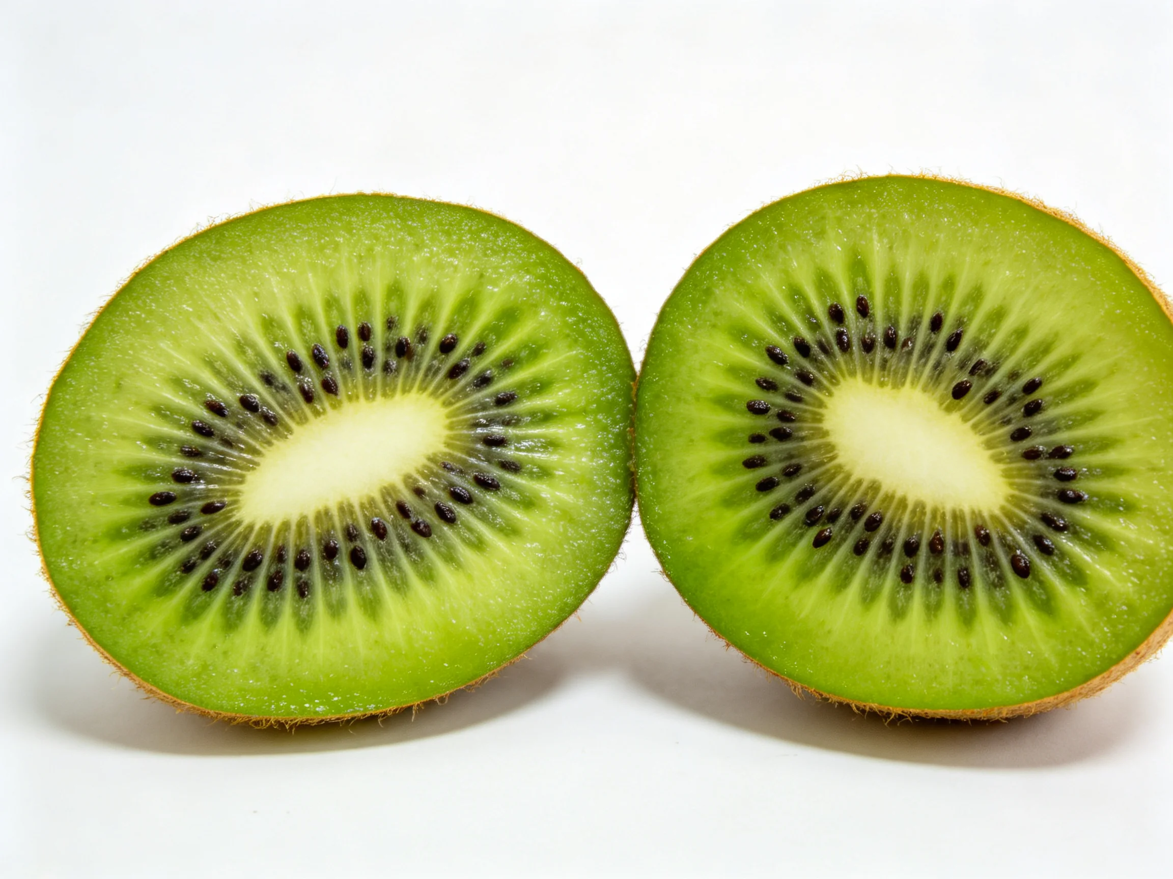 Fresh green kiwi fruit halves displayed on a white surface