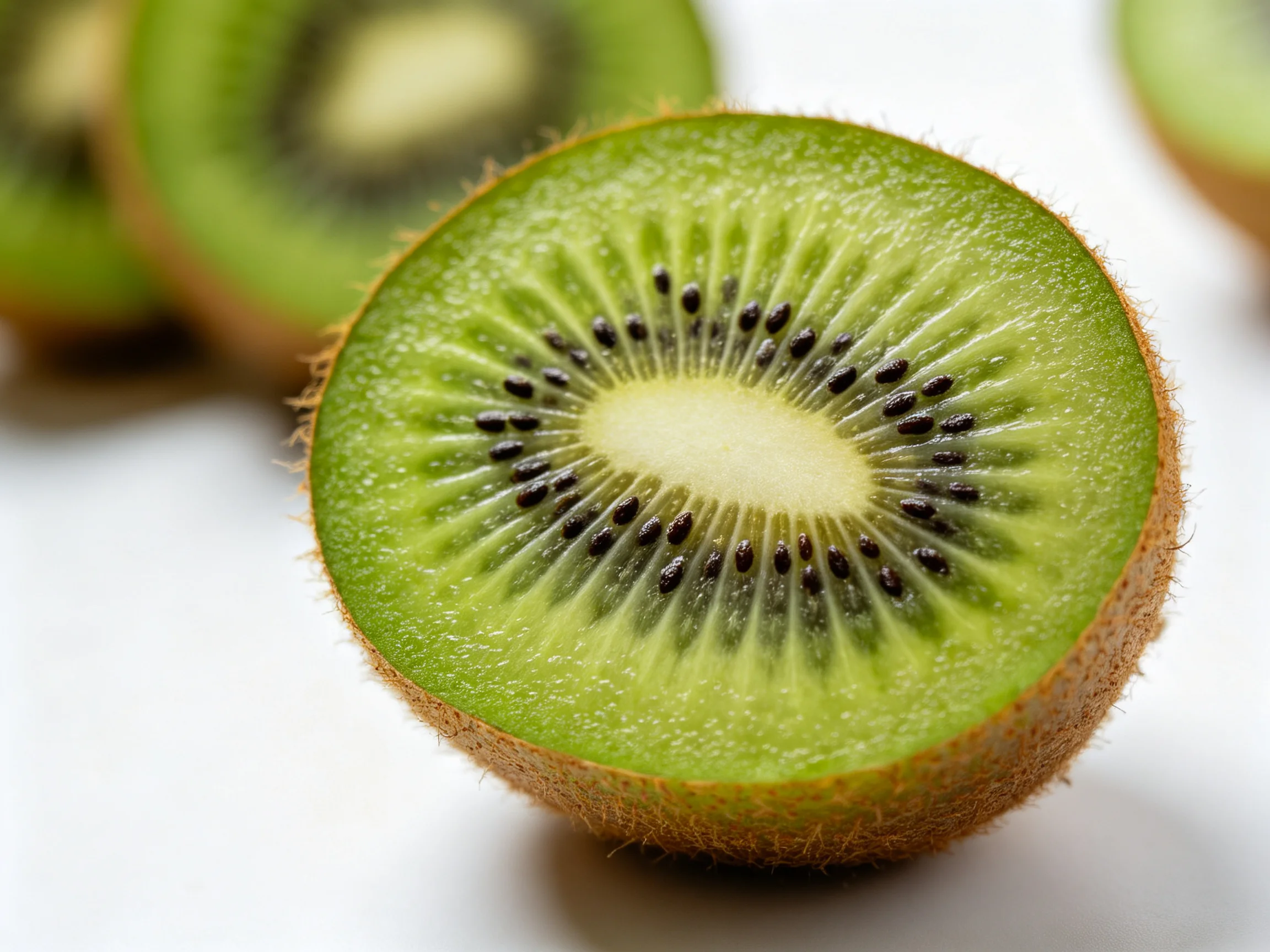 Fresh green kiwi fruit halves with brown fuzzy exteriors