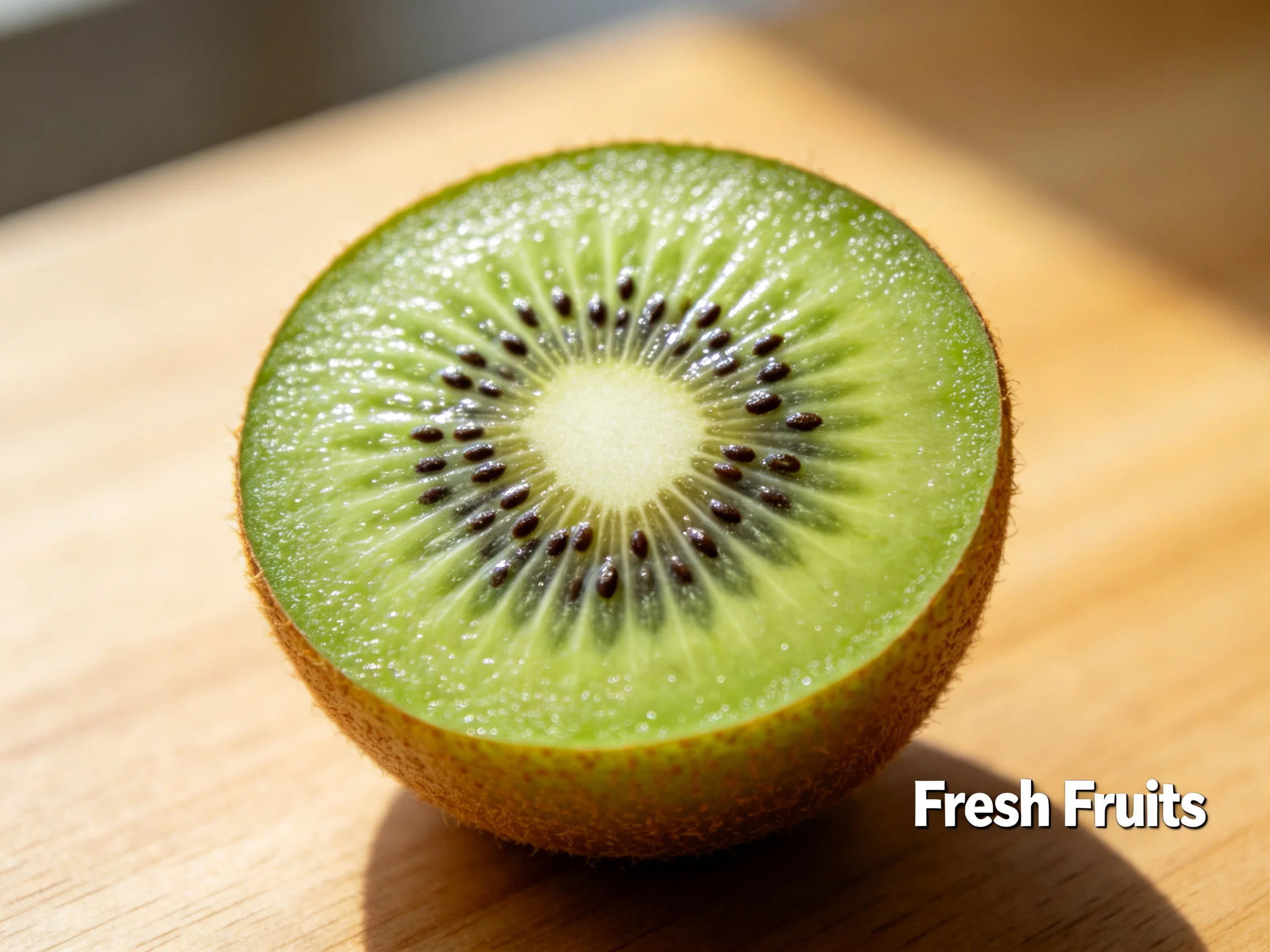 Fresh green kiwi half with brown fuzzy skin and black seeds