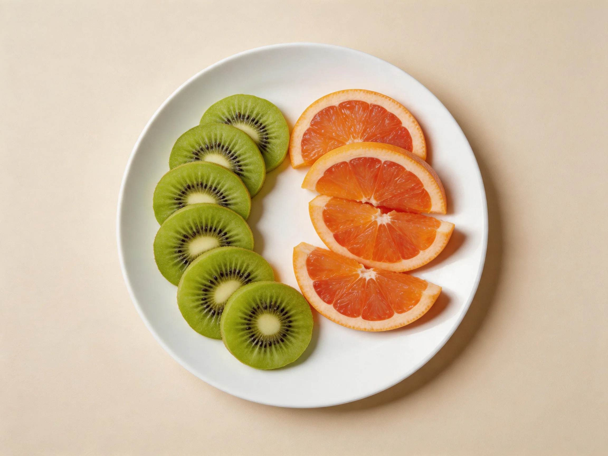 Fresh green kiwi slices and vibrant orange-red grapefruit wedges on a white plate