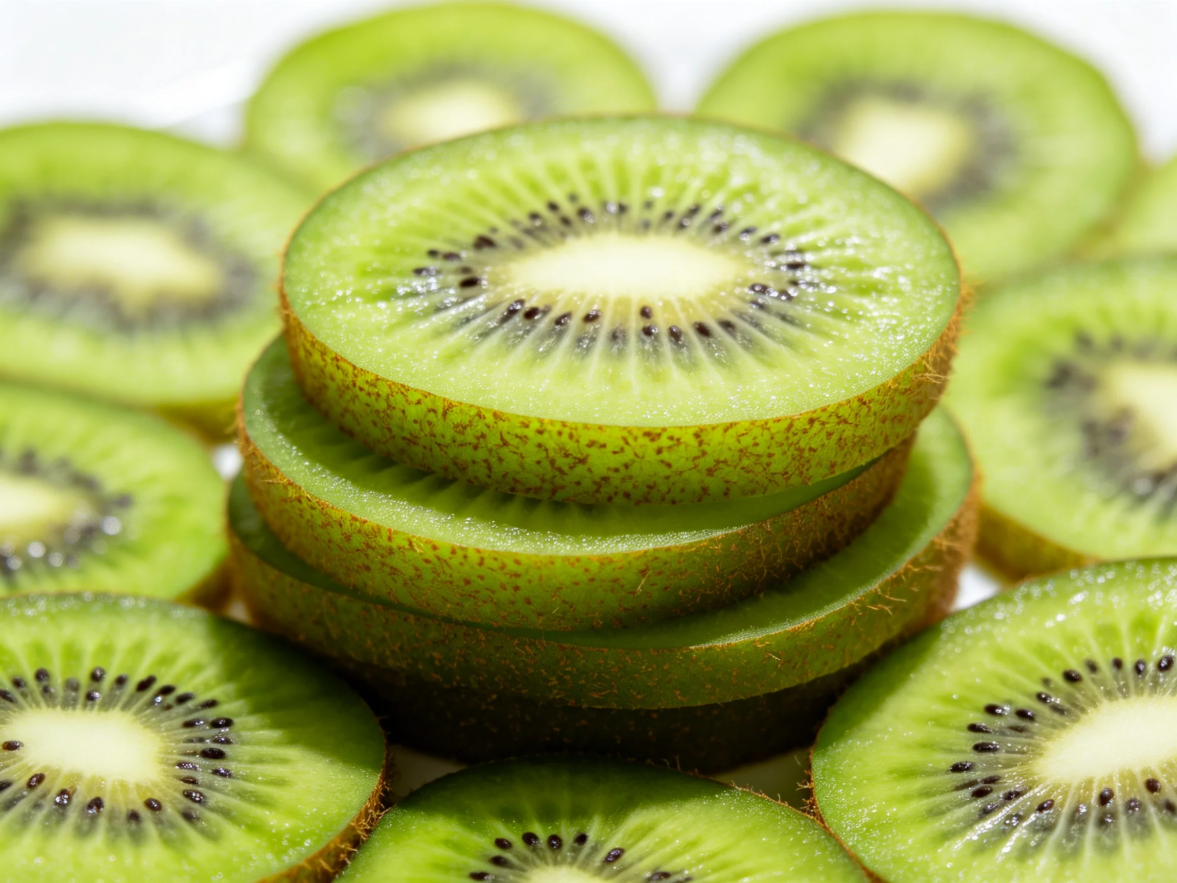 Fresh green kiwi slices arranged in a close - up display