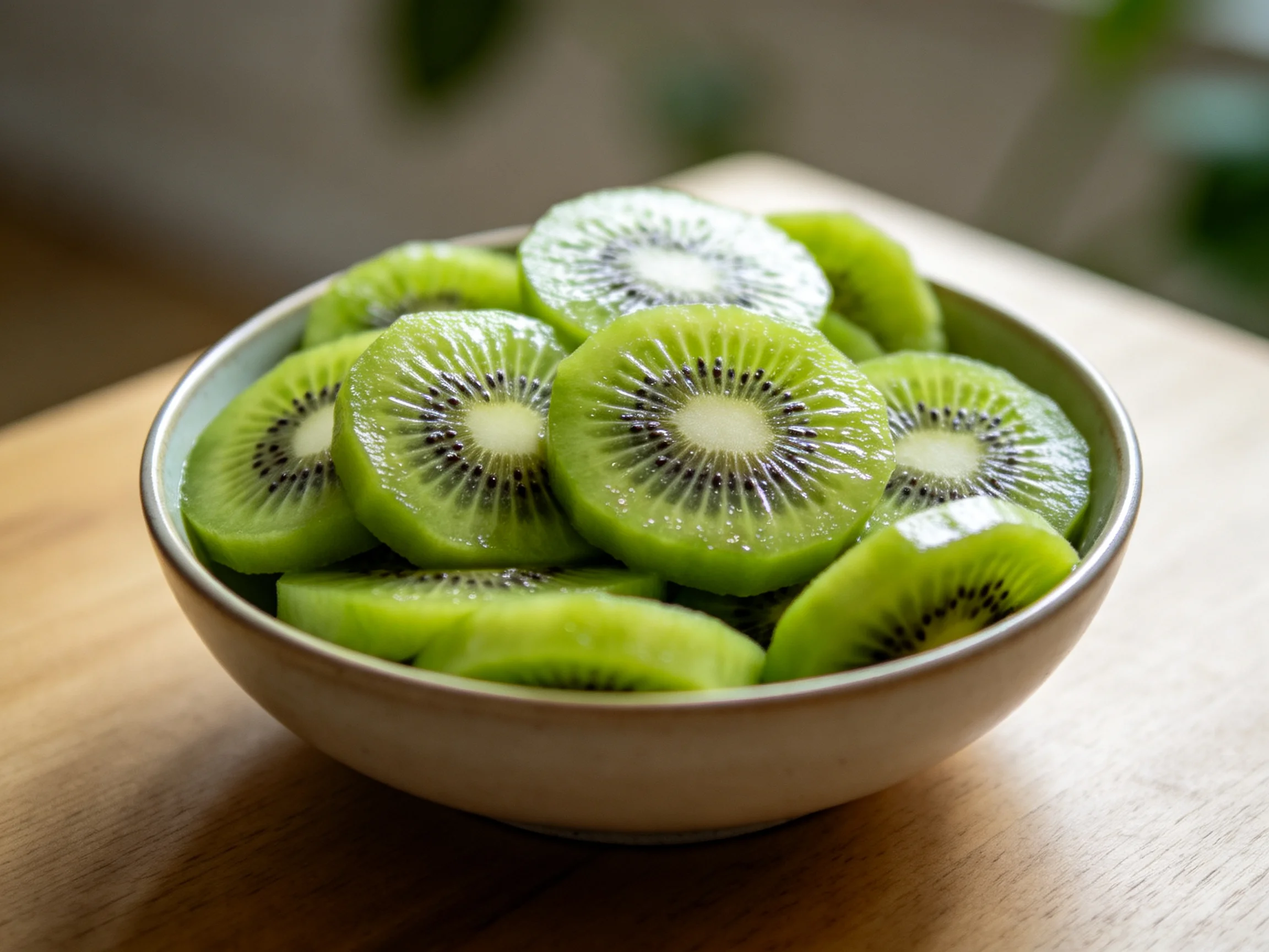 Fresh green kiwi slices fill a ceramic bowl