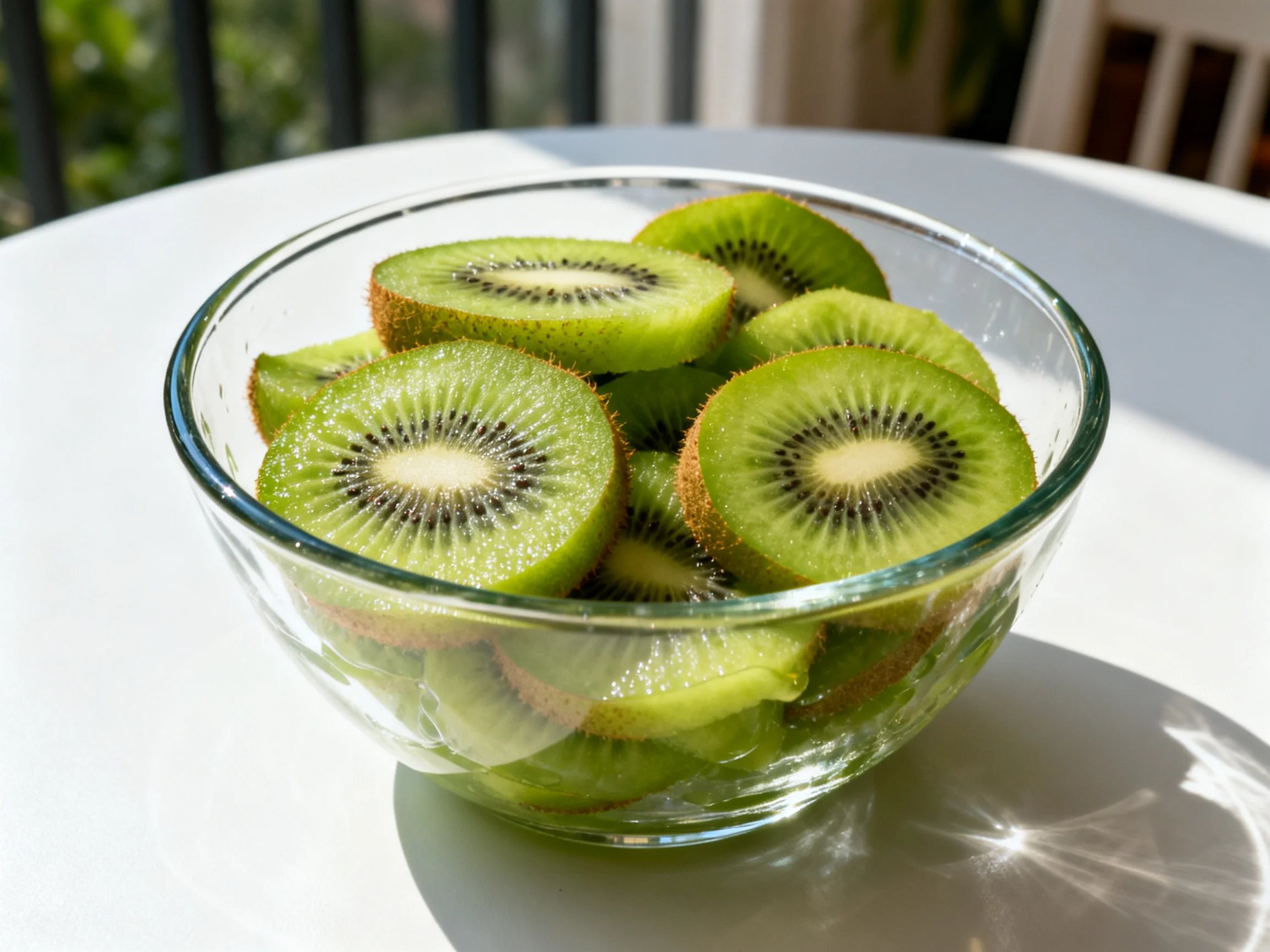 Fresh green kiwi slices in a clear glass bowl