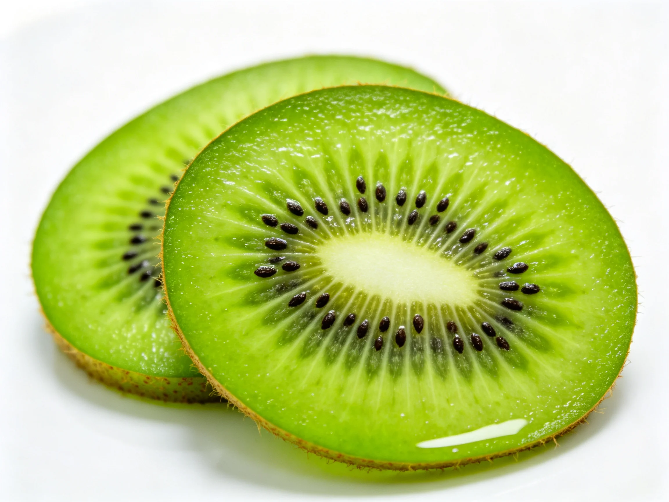 Fresh green kiwi slices with dark seeds