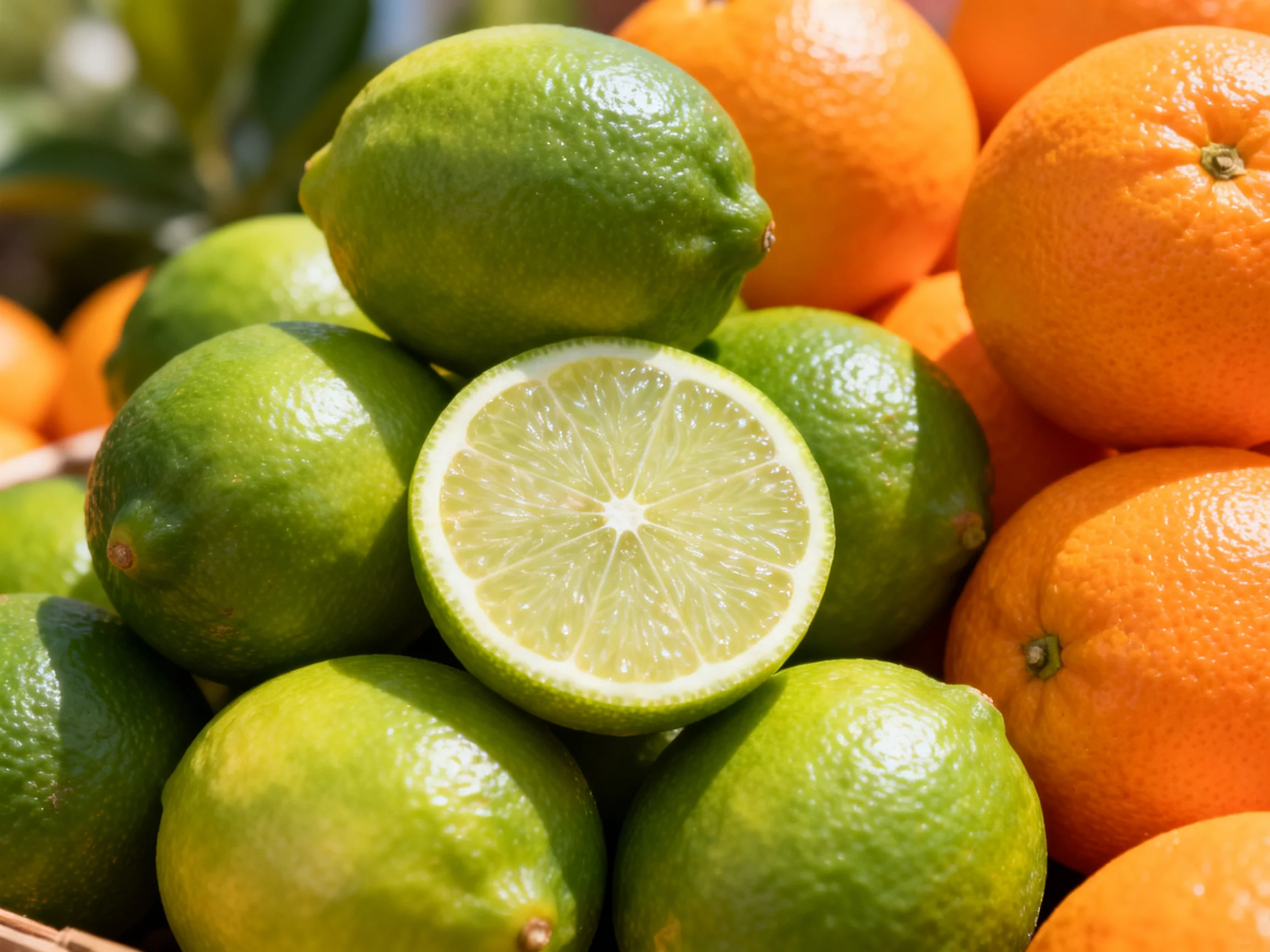 Fresh green limes and vibrant orange citrus fruits arranged in a pile