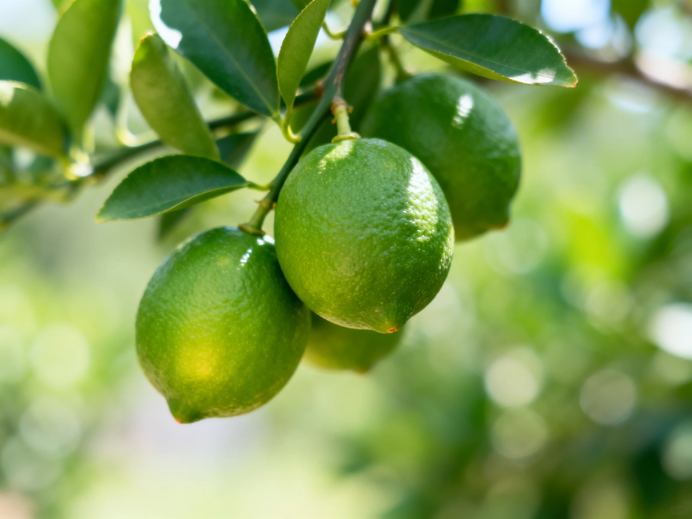 Fresh green limes dangle from a leafy citrus tree branch