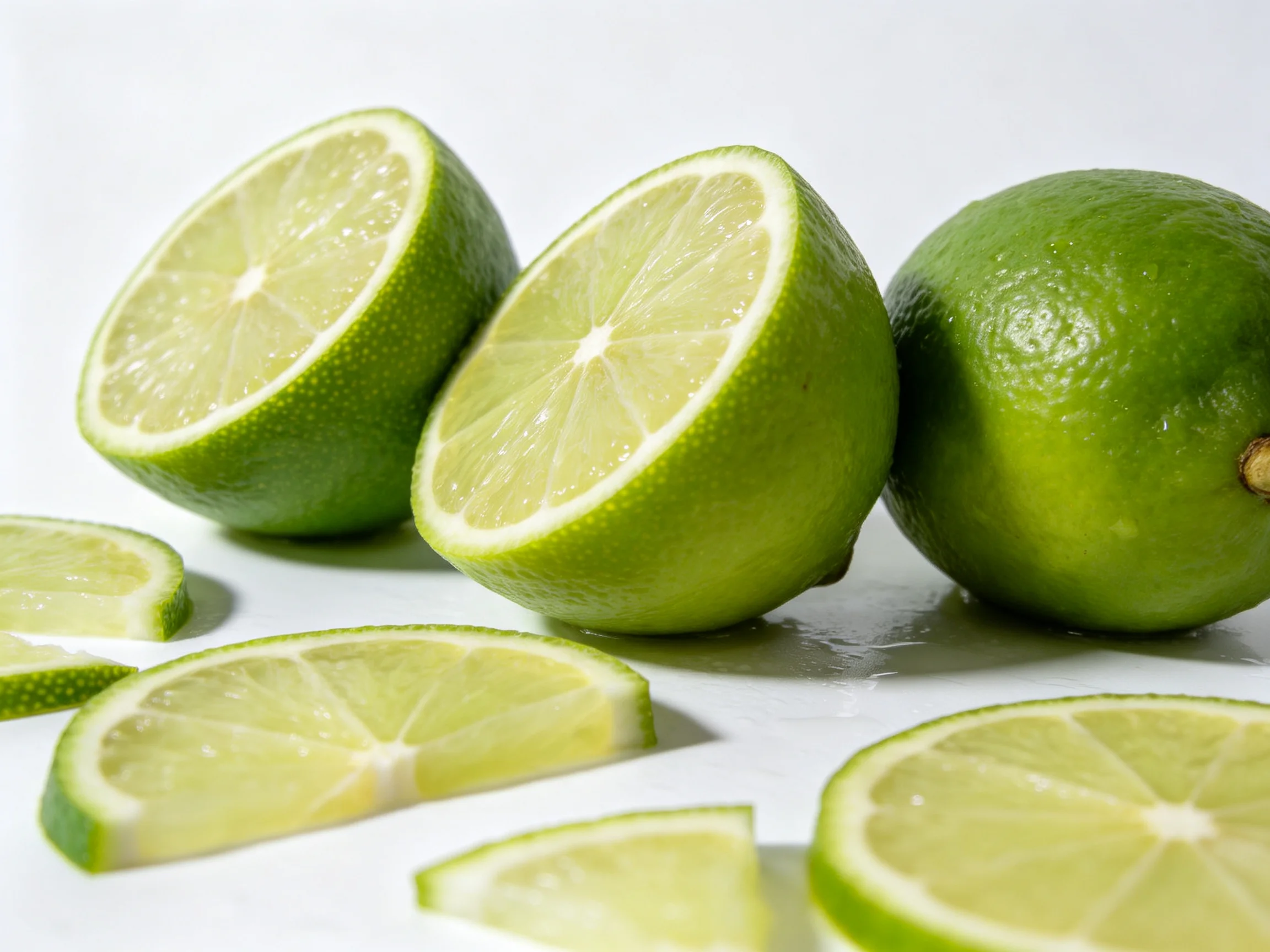Fresh green limes displayed as halves, slices, and whole fruits