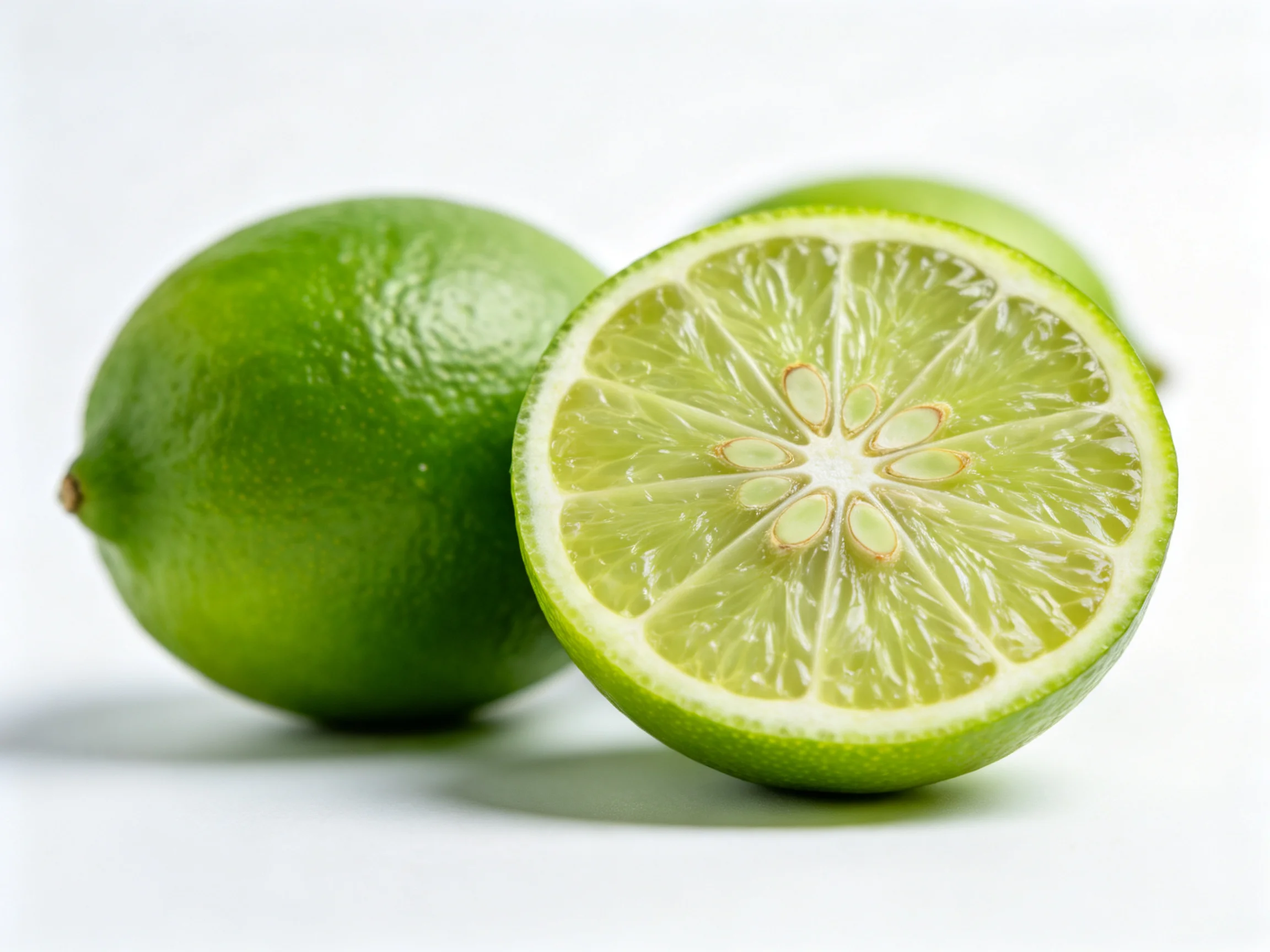 Fresh green limes, one whole and one halved