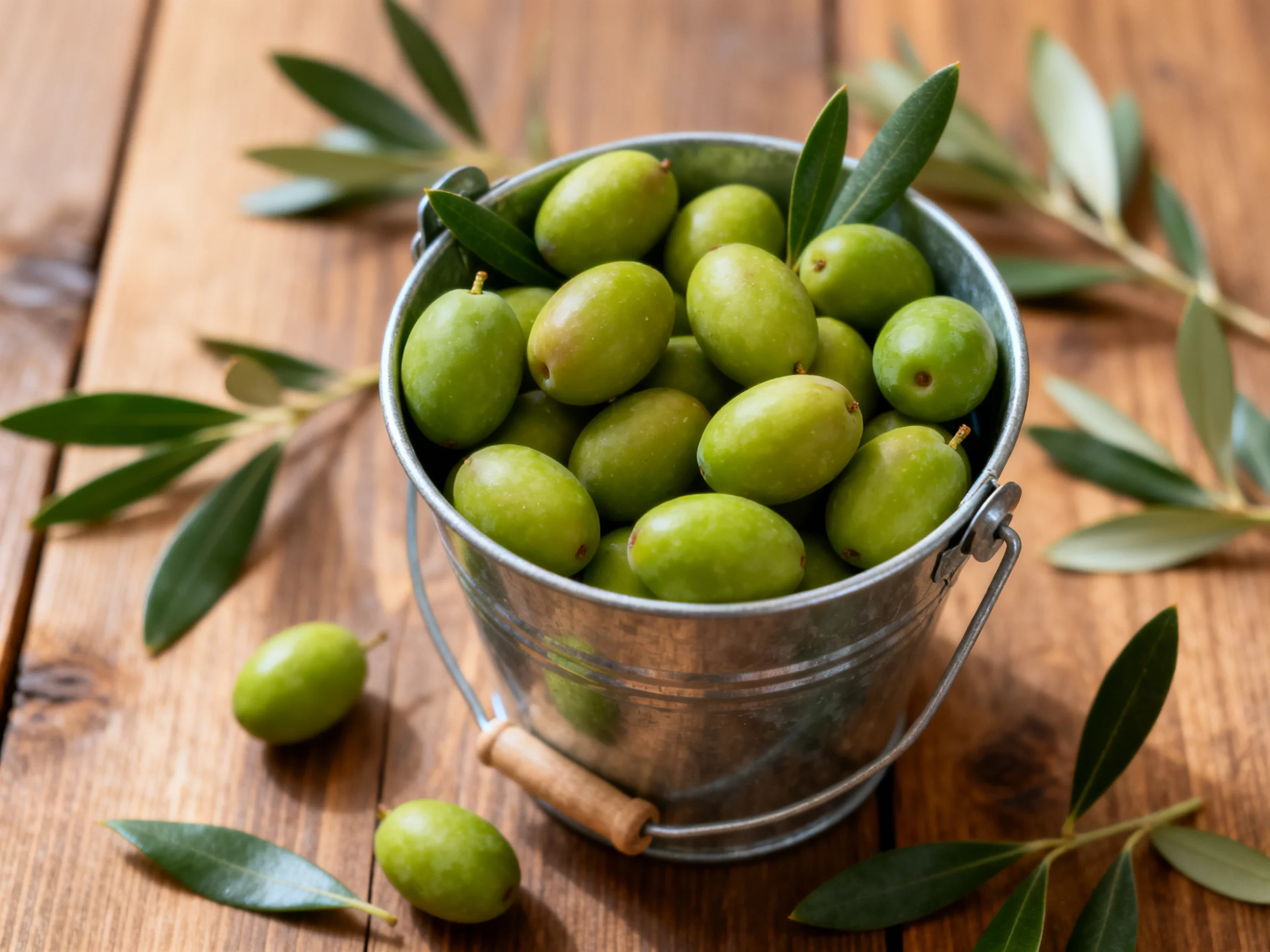 Fresh green olives fill a small metal bucket on a wooden table