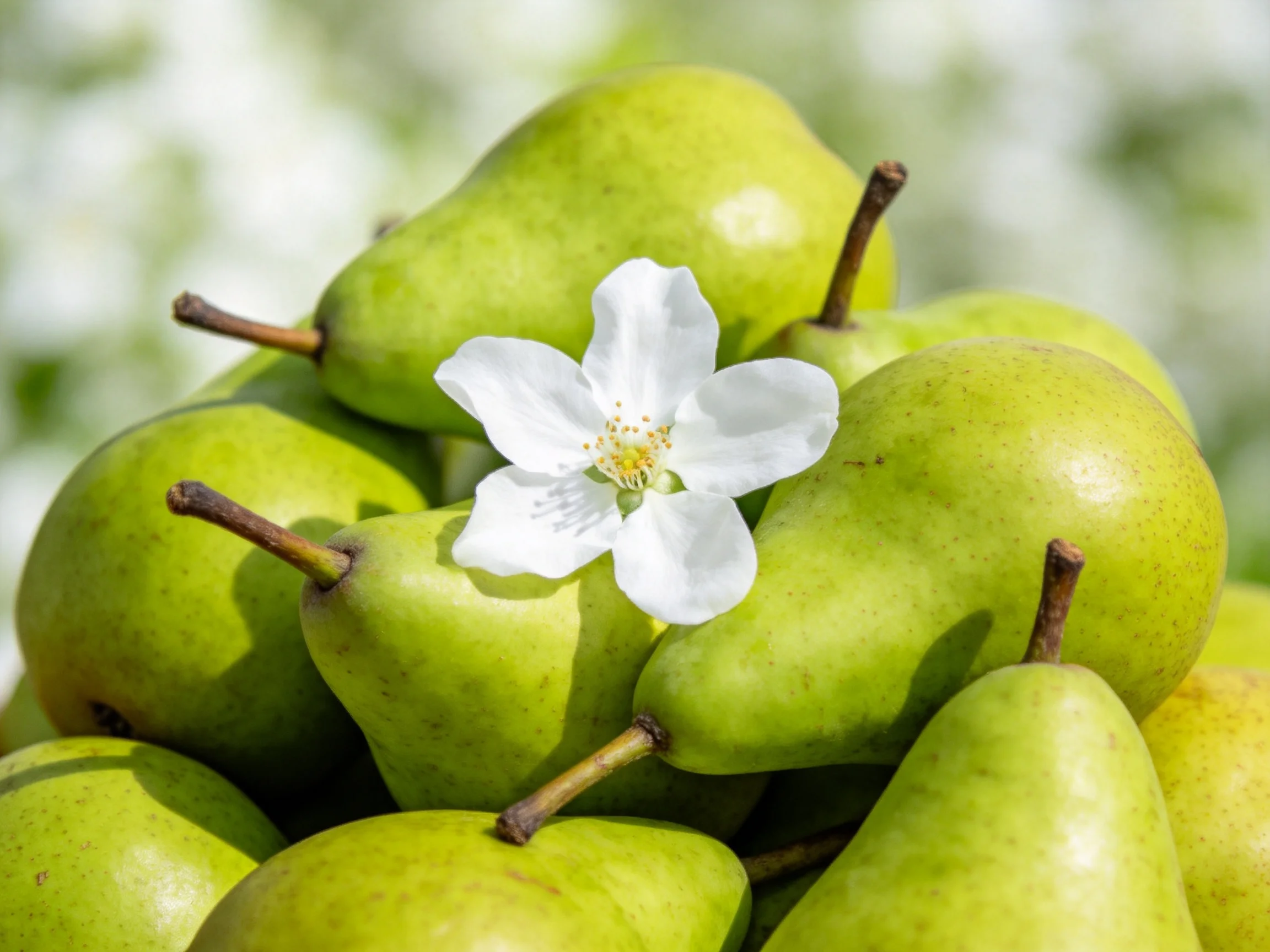 Fresh green pears clustered with a delicate white blossom
